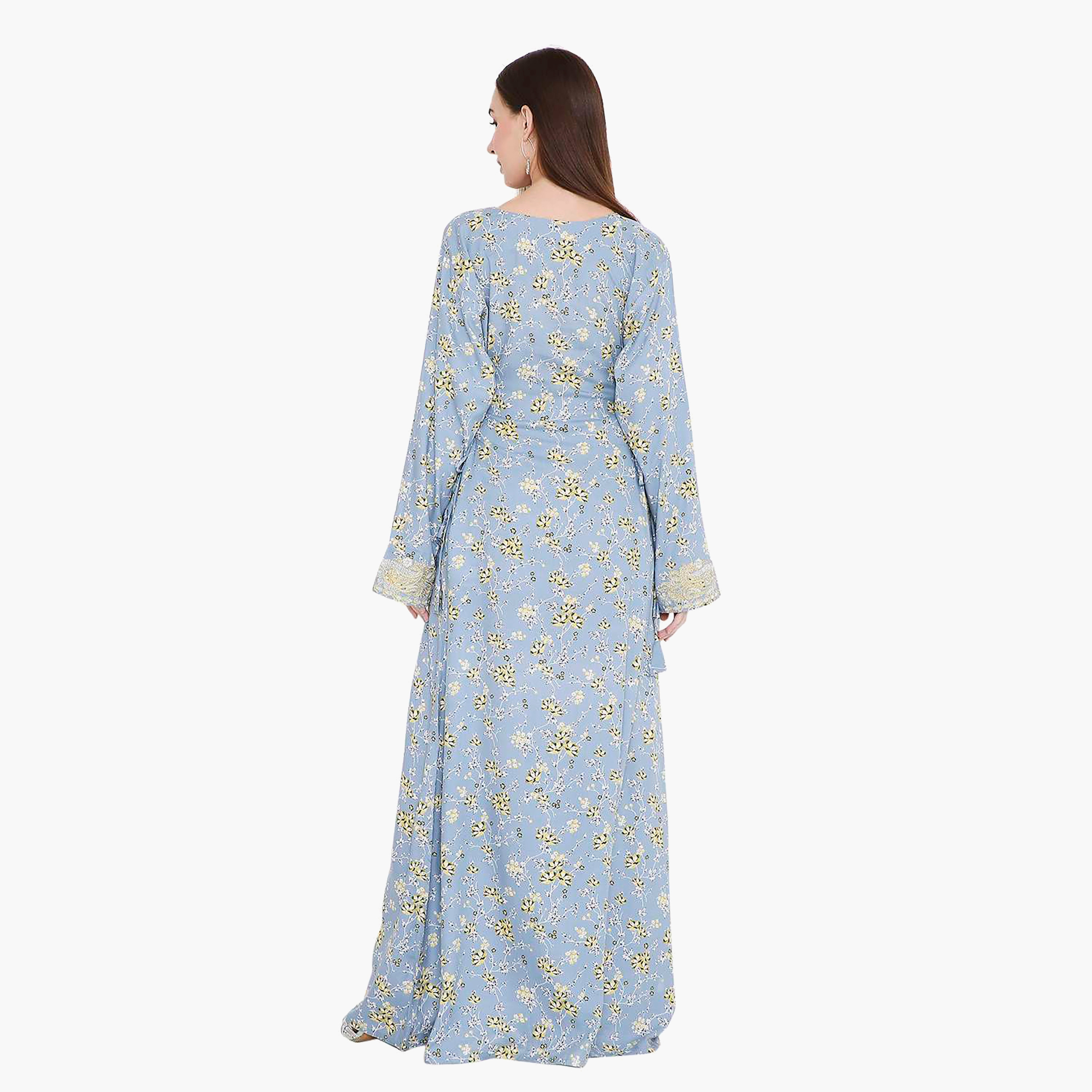 Hana & Sara Floral Print and Embroidered Yoke Detail Neck Designed Cuff Sleeves Women's Jalabiya-women-arabicclothing-jalabiyas-image-4