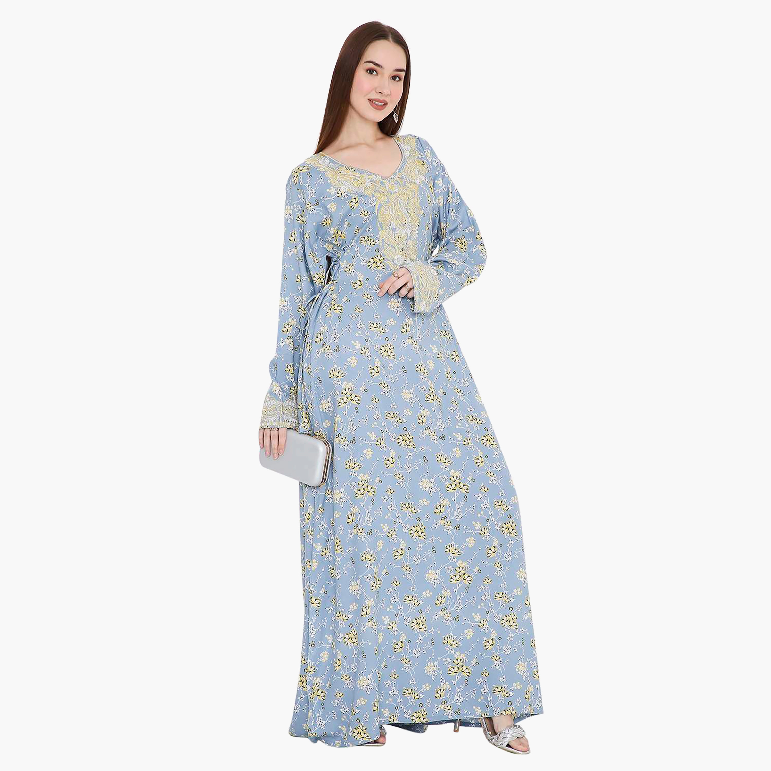 Hana & Sara Floral Print and Embroidered Yoke Detail Neck Designed Cuff Sleeves Women's Jalabiya-women-arabicclothing-jalabiyas-image-5