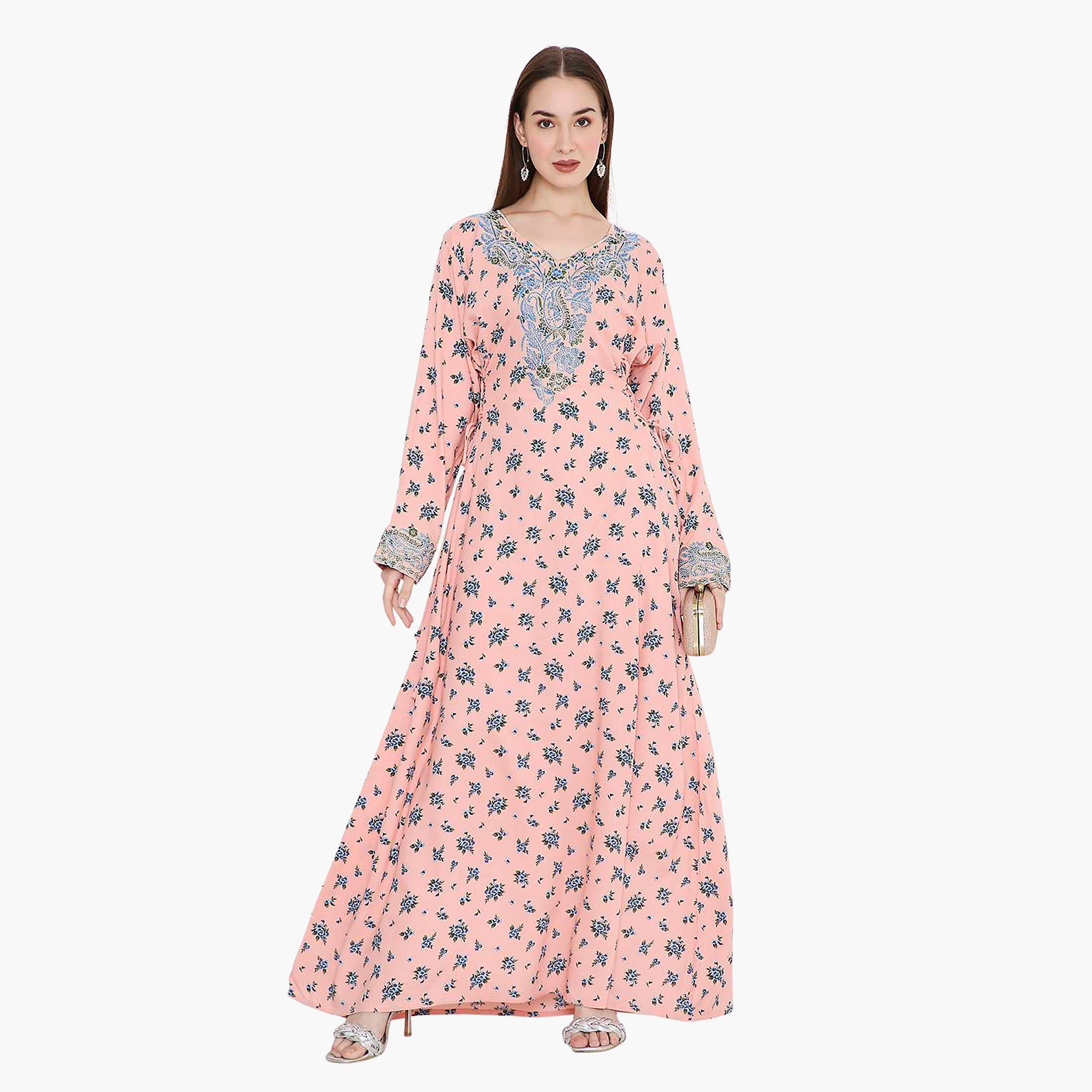 Hana & Sara Floral Print and Embroidered Yoke Detail Neck Designed Cuff Sleeves Women's Jalabiya-women-arabicclothing-jalabiyas-image-6