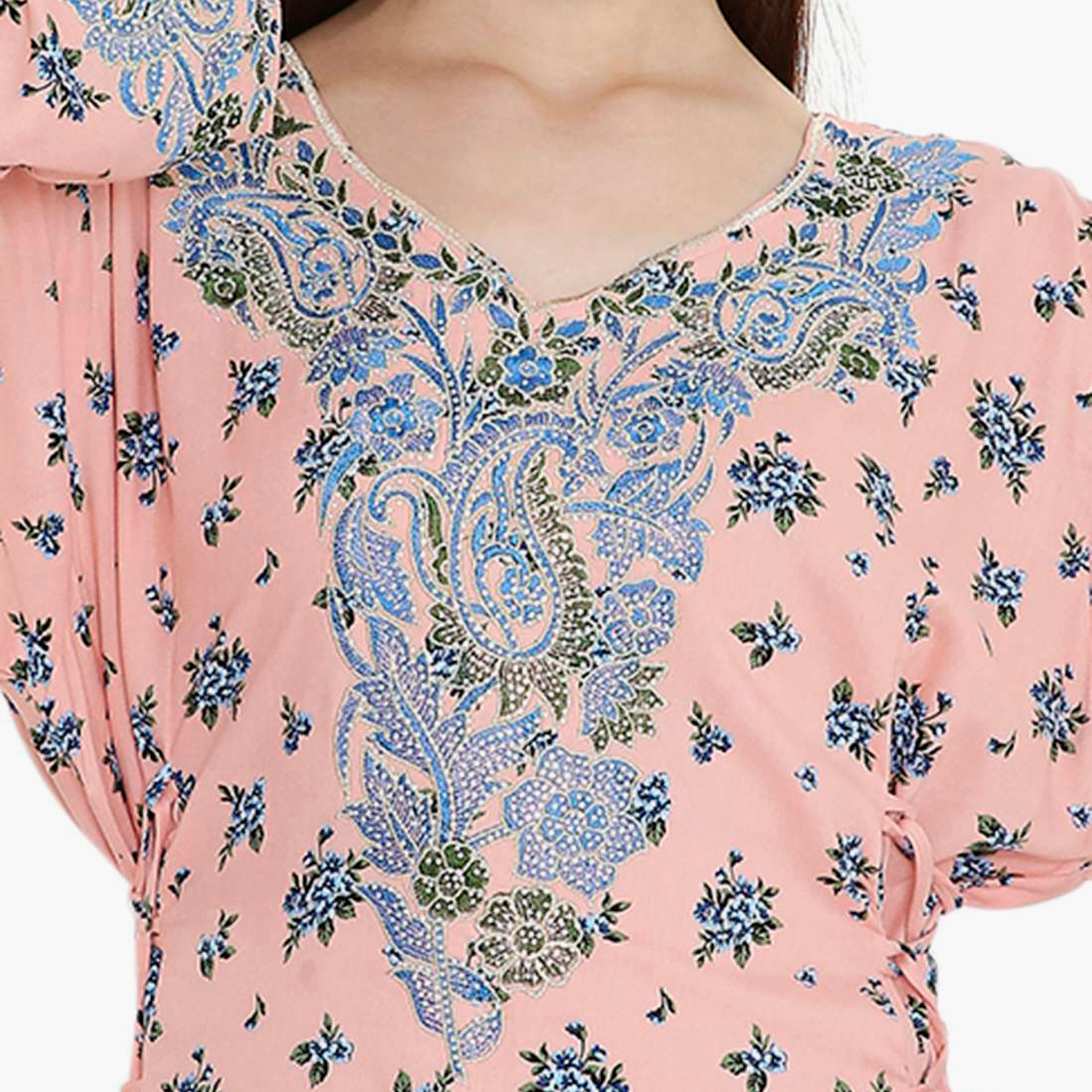 Hana & Sara Floral Print and Embroidered Yoke Detail Neck Designed Cuff Sleeves Women's Jalabiya-women-arabicclothing-jalabiyas-image-7
