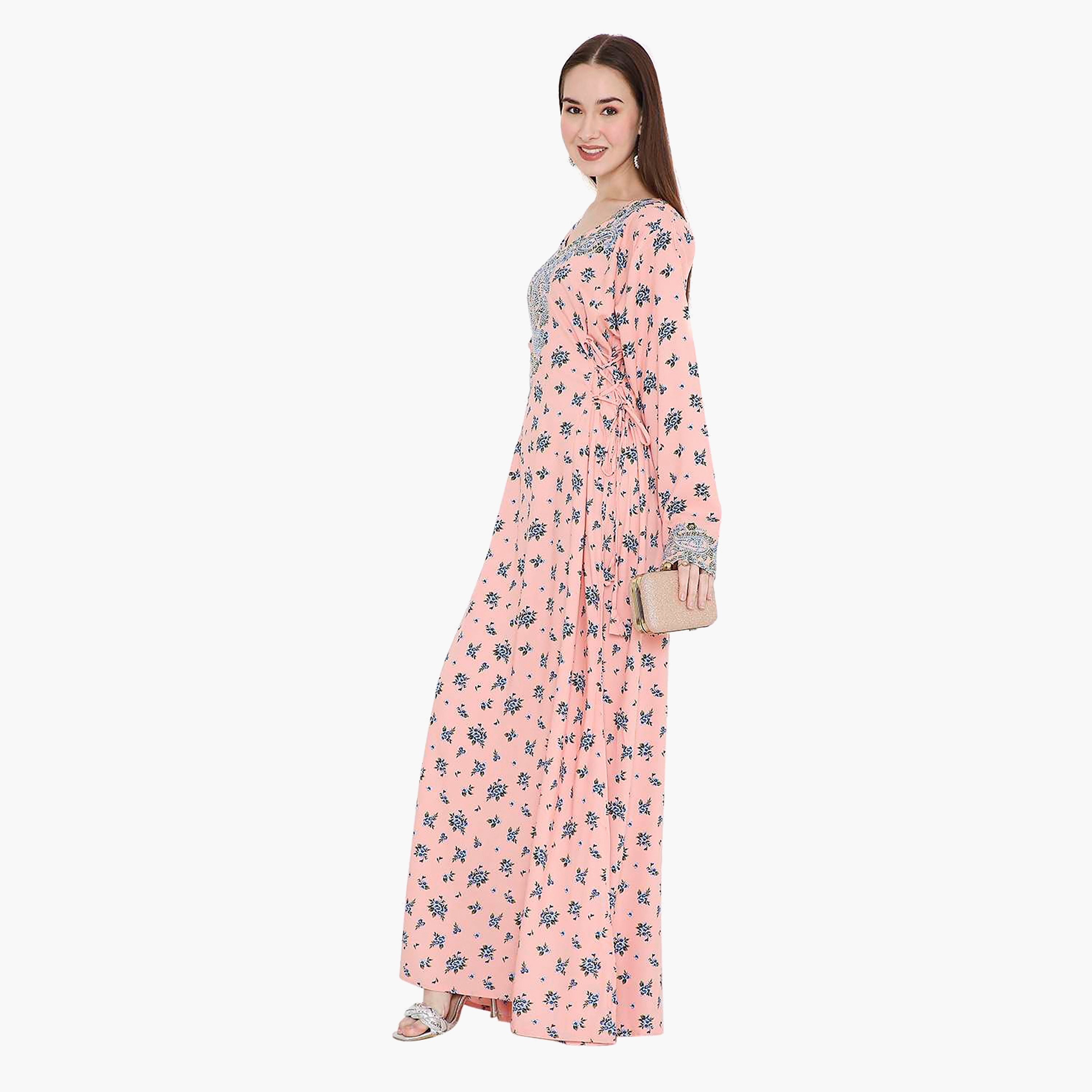 Hana & Sara Floral Print and Embroidered Yoke Detail Neck Designed Cuff Sleeves Women's Jalabiya-women-arabicclothing-jalabiyas-image-8