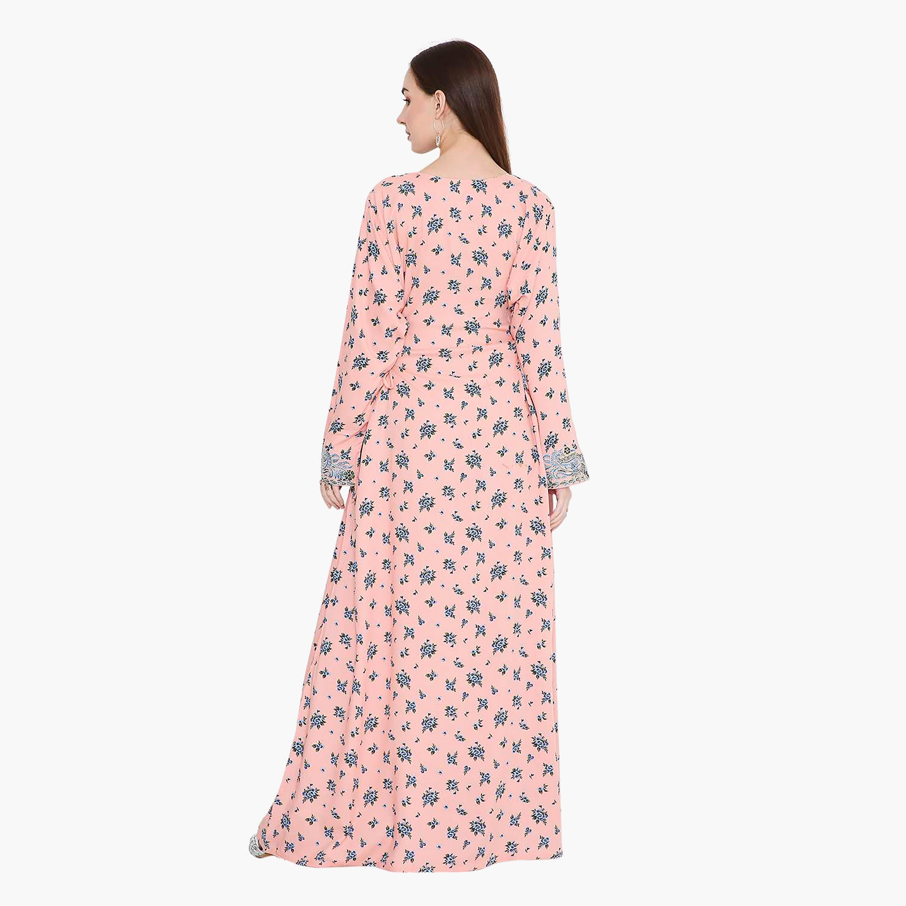Hana & Sara Floral Print and Embroidered Yoke Detail Neck Designed Cuff Sleeves Women's Jalabiya-women-arabicclothing-jalabiyas-image-9