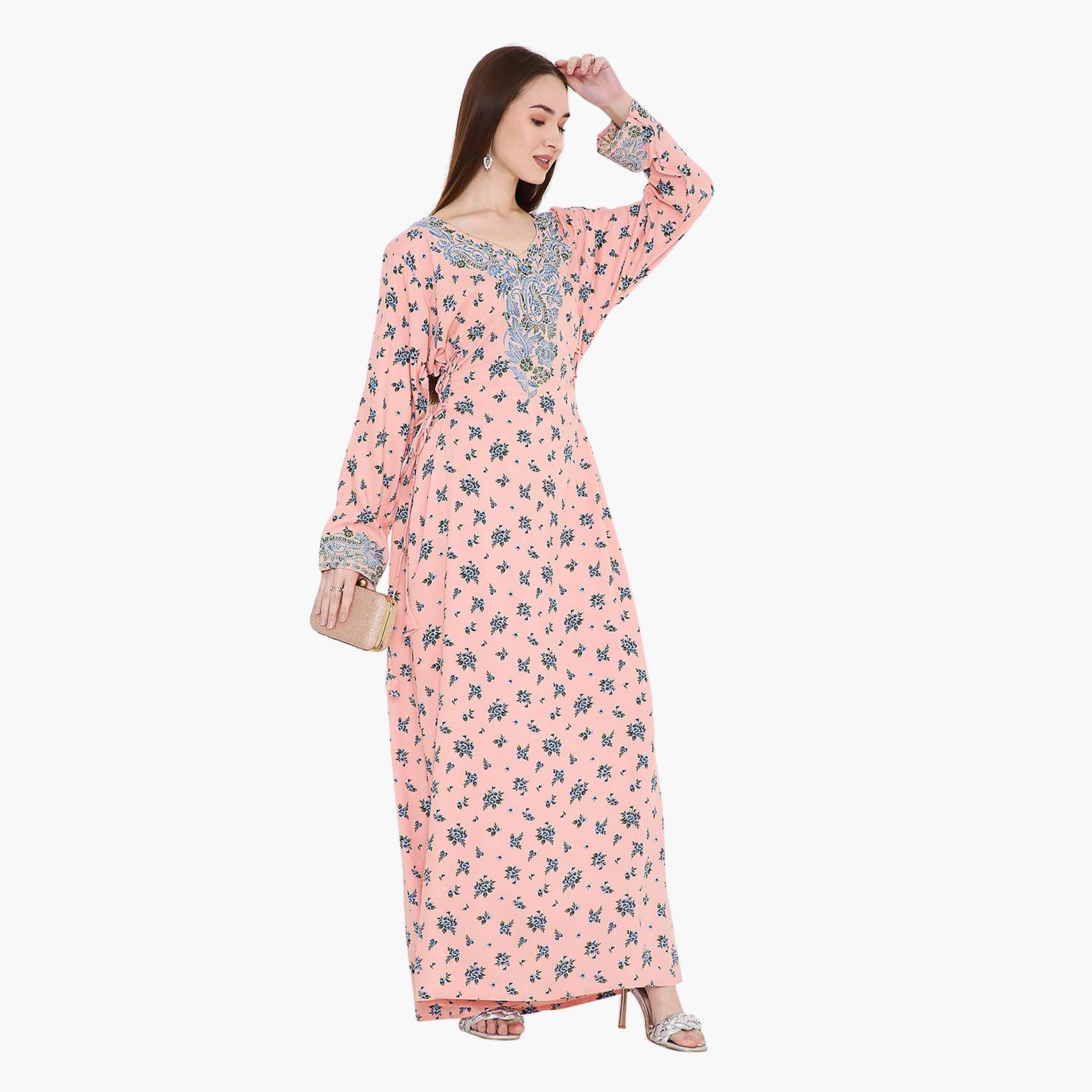 Hana & Sara Floral Print and Embroidered Yoke Detail Neck Designed Cuff Sleeves Women's Jalabiya-women-arabicclothing-jalabiyas-image-10