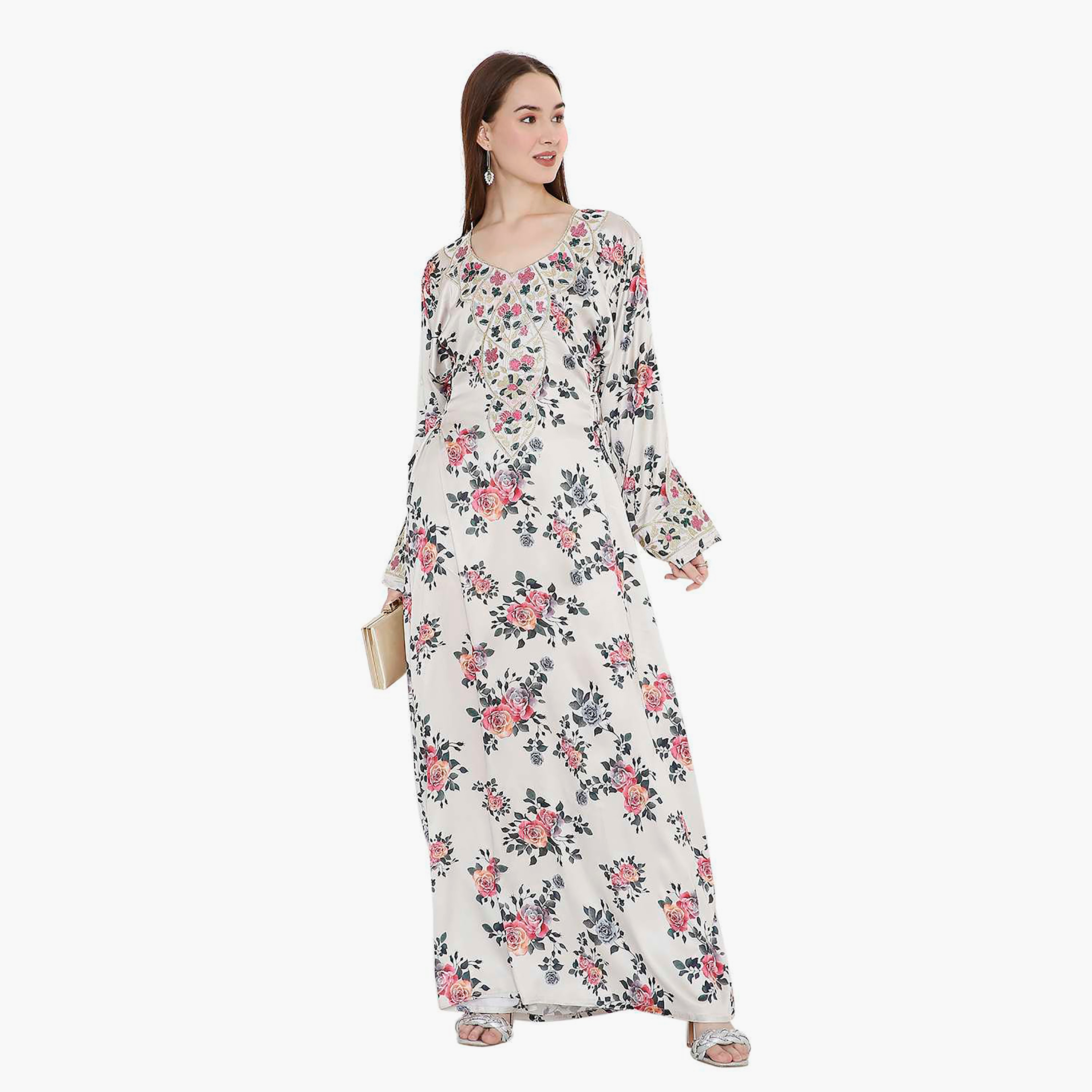 جلابية نسائية ذات طبعة زهور كريمية مع تصميم نير مطرز من هانا اند سارة-women-arabicclothing-jalabiyas-image-1