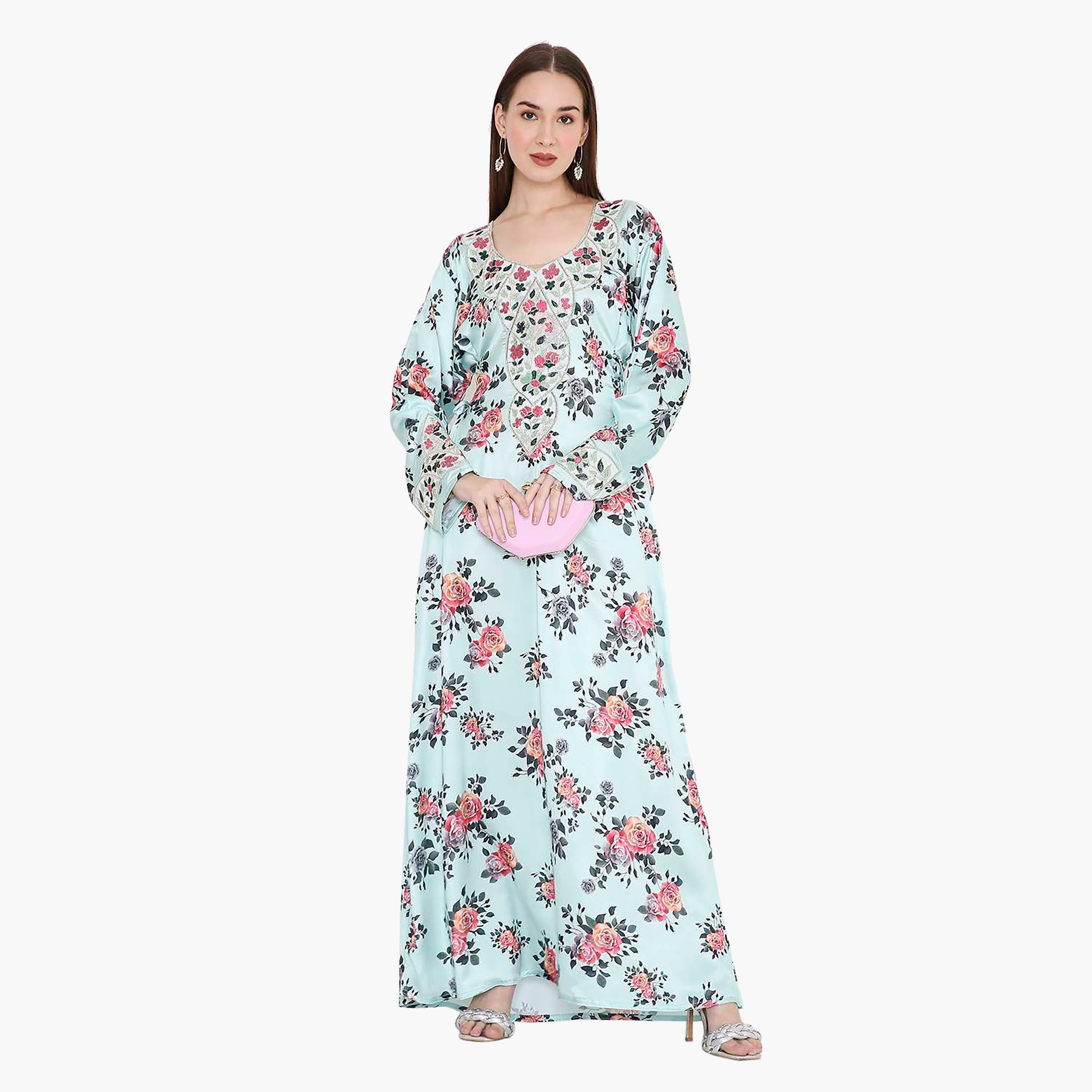 Hana & Sara Blue Floral Print & Embellished Yoke Detail Neck Designed Cuff Sleeves Women's Jalabiya-women-arabicclothing-jalabiyas-image-1