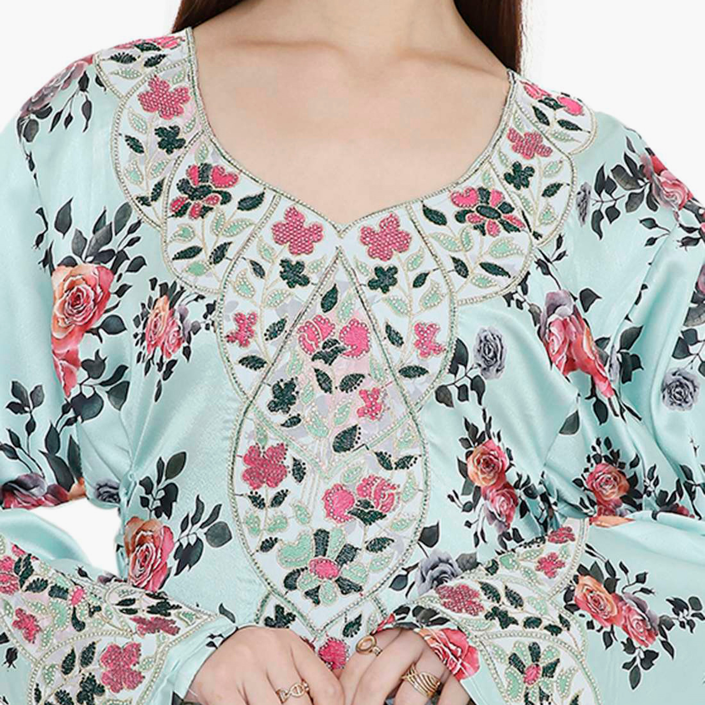 Hana & Sara Blue Floral Print & Embellished Yoke Detail Neck Designed Cuff Sleeves Women's Jalabiya-women-arabicclothing-jalabiyas-image-2