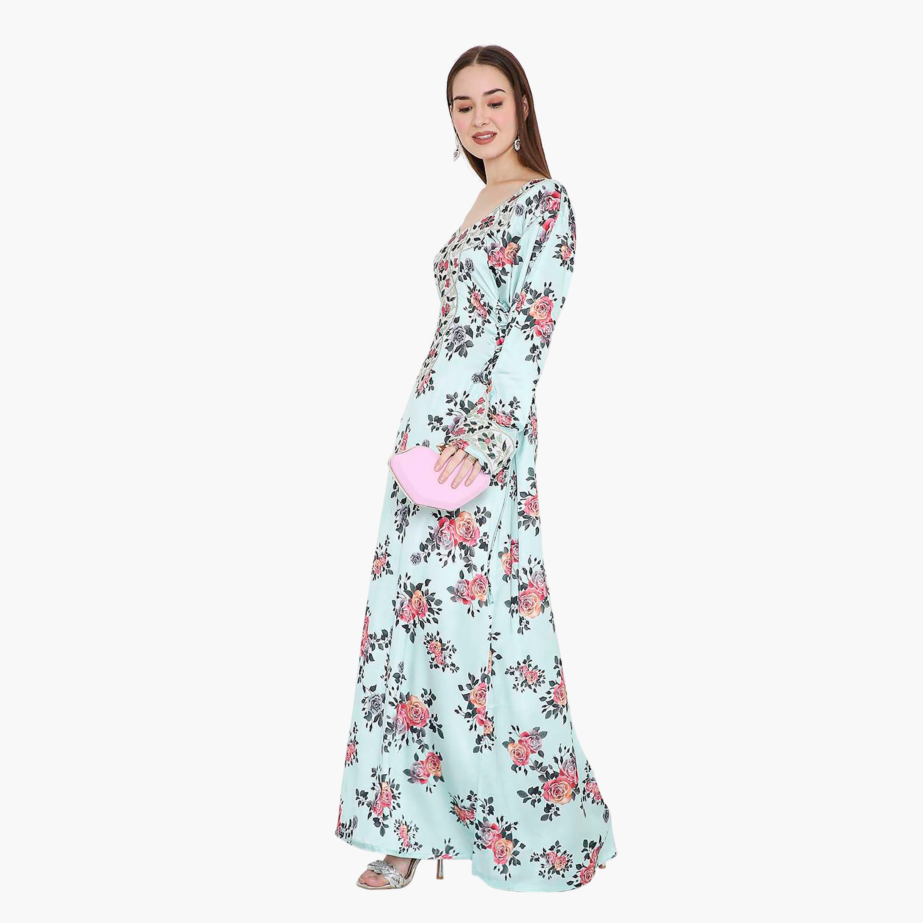 Hana & Sara Blue Floral Print & Embellished Yoke Detail Neck Designed Cuff Sleeves Women's Jalabiya-women-arabicclothing-jalabiyas-image-3
