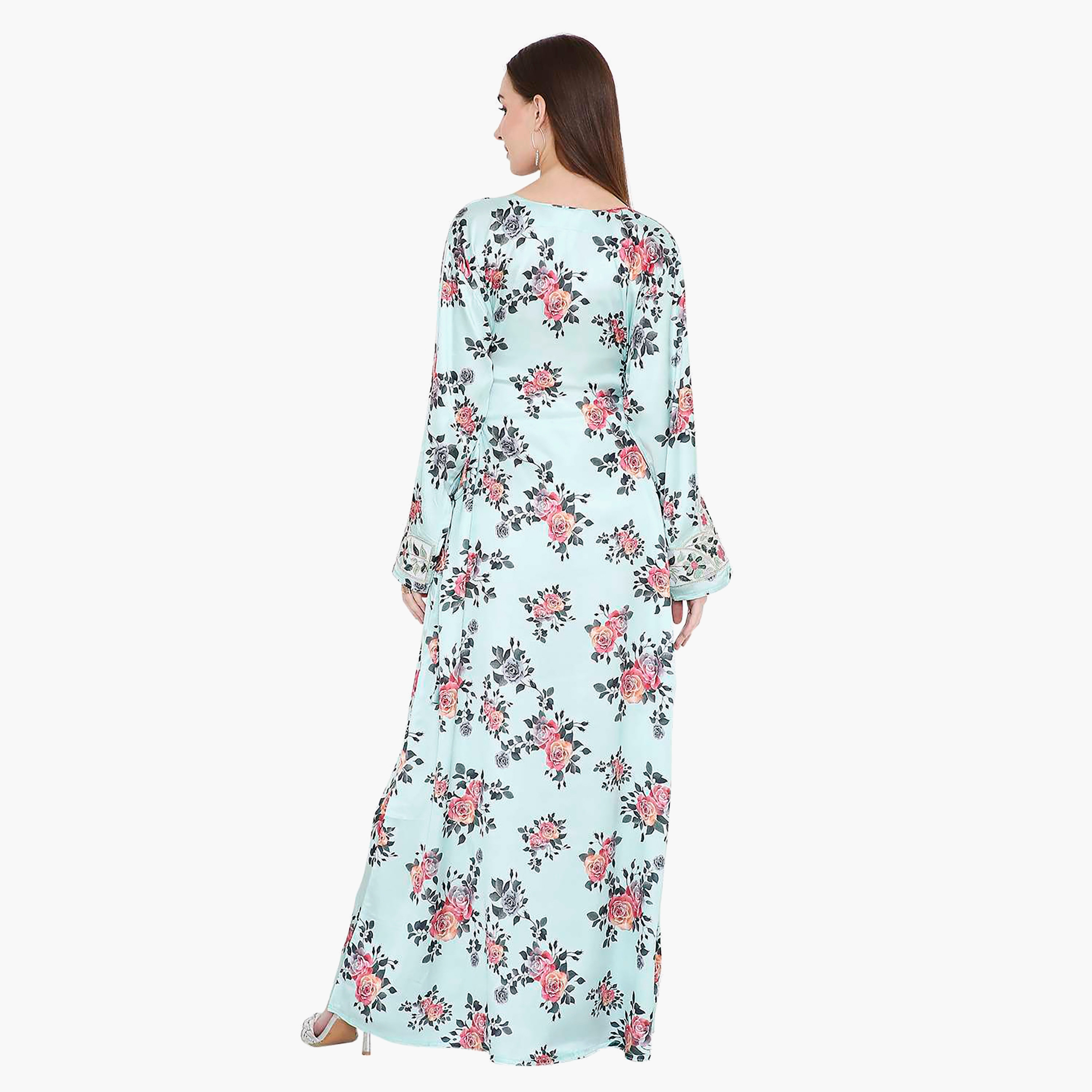 Hana & Sara Blue Floral Print & Embellished Yoke Detail Neck Designed Cuff Sleeves Women's Jalabiya-women-arabicclothing-jalabiyas-image-4