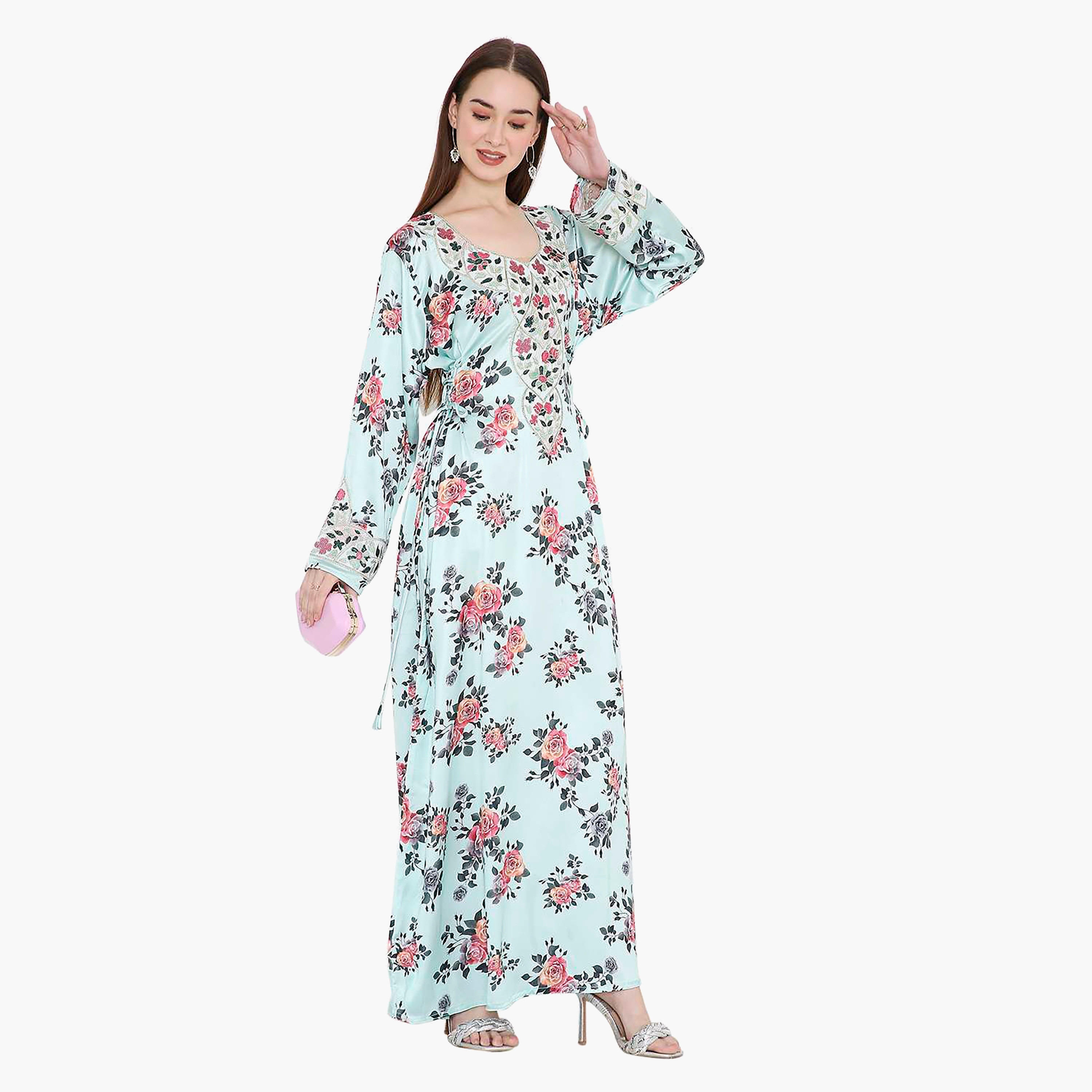 Hana & Sara Blue Floral Print & Embellished Yoke Detail Neck Designed Cuff Sleeves Women's Jalabiya-women-arabicclothing-jalabiyas-image-5