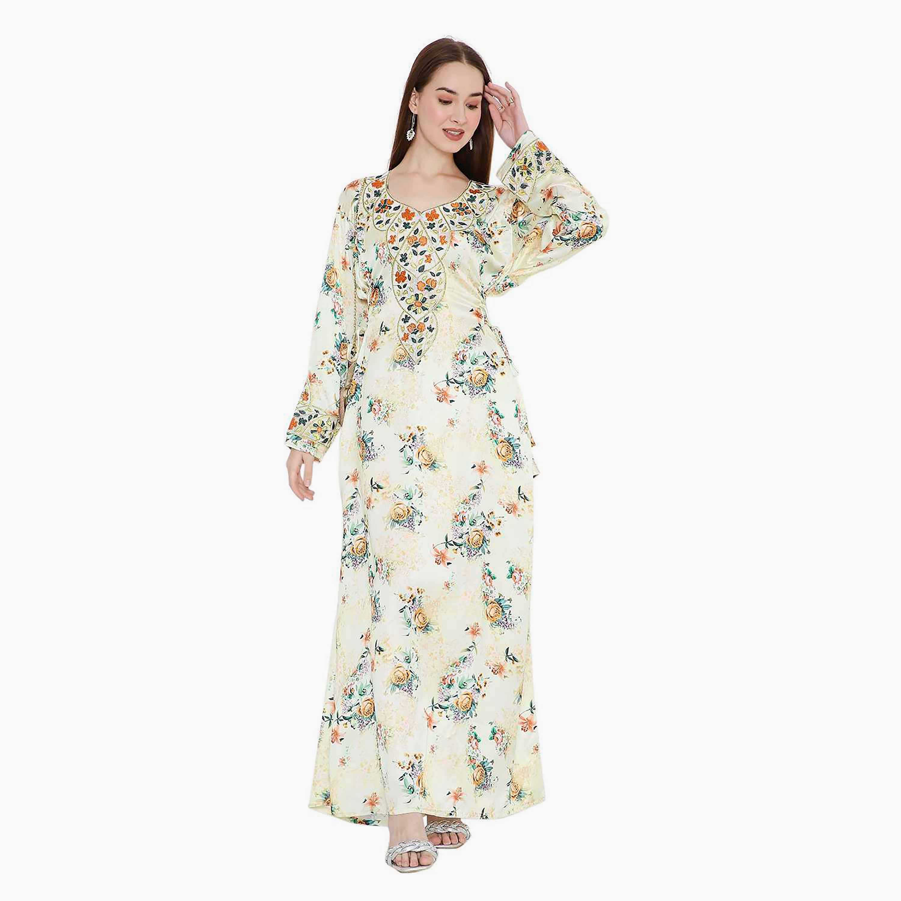 جلابية نسائية بطبعة زهور صفراء وتصميم نير مزخرف من هانا اند سارة-women-arabicclothing-jalabiyas-image-1