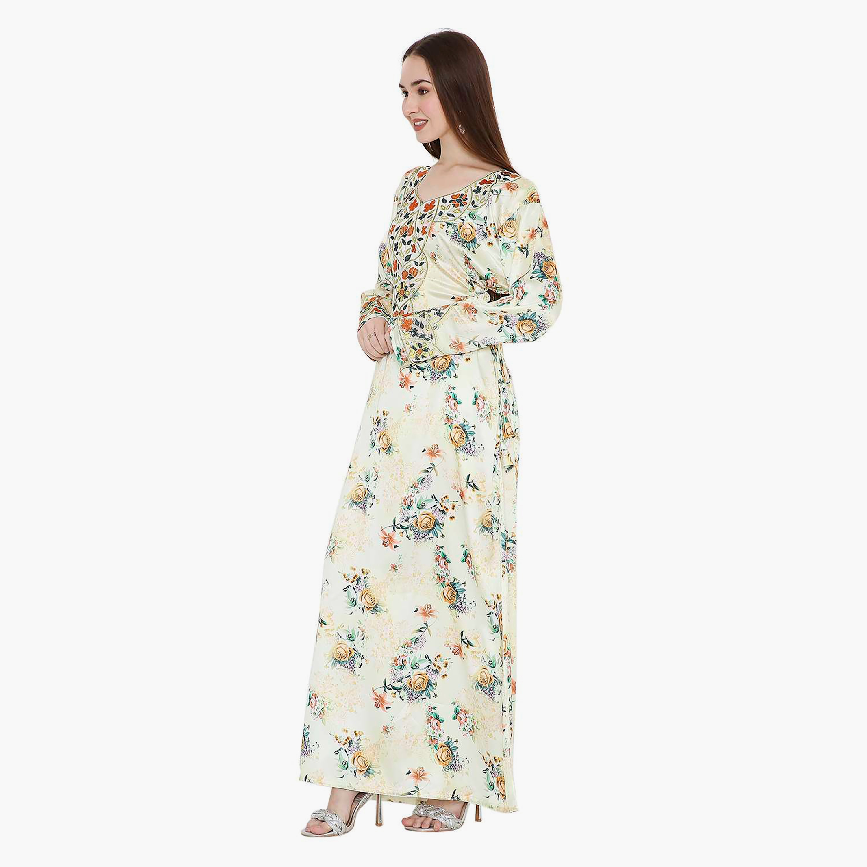 جلابية نسائية بطبعة زهور صفراء وتصميم نير مزخرف من هانا اند سارة-women-arabicclothing-jalabiyas-image-3