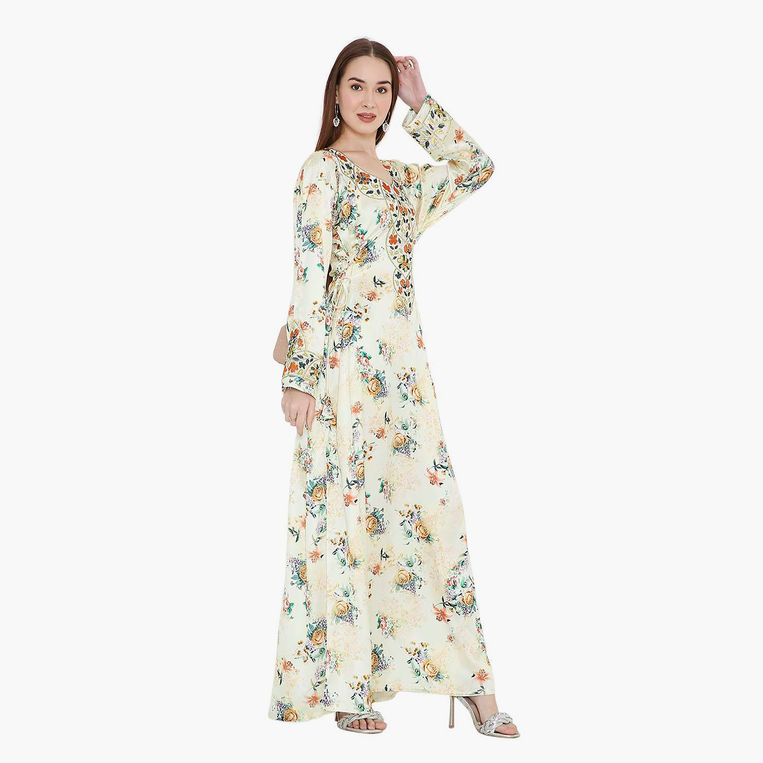 جلابية نسائية بطبعة زهور صفراء وتصميم نير مزخرف من هانا اند سارة-women-arabicclothing-jalabiyas-image-4