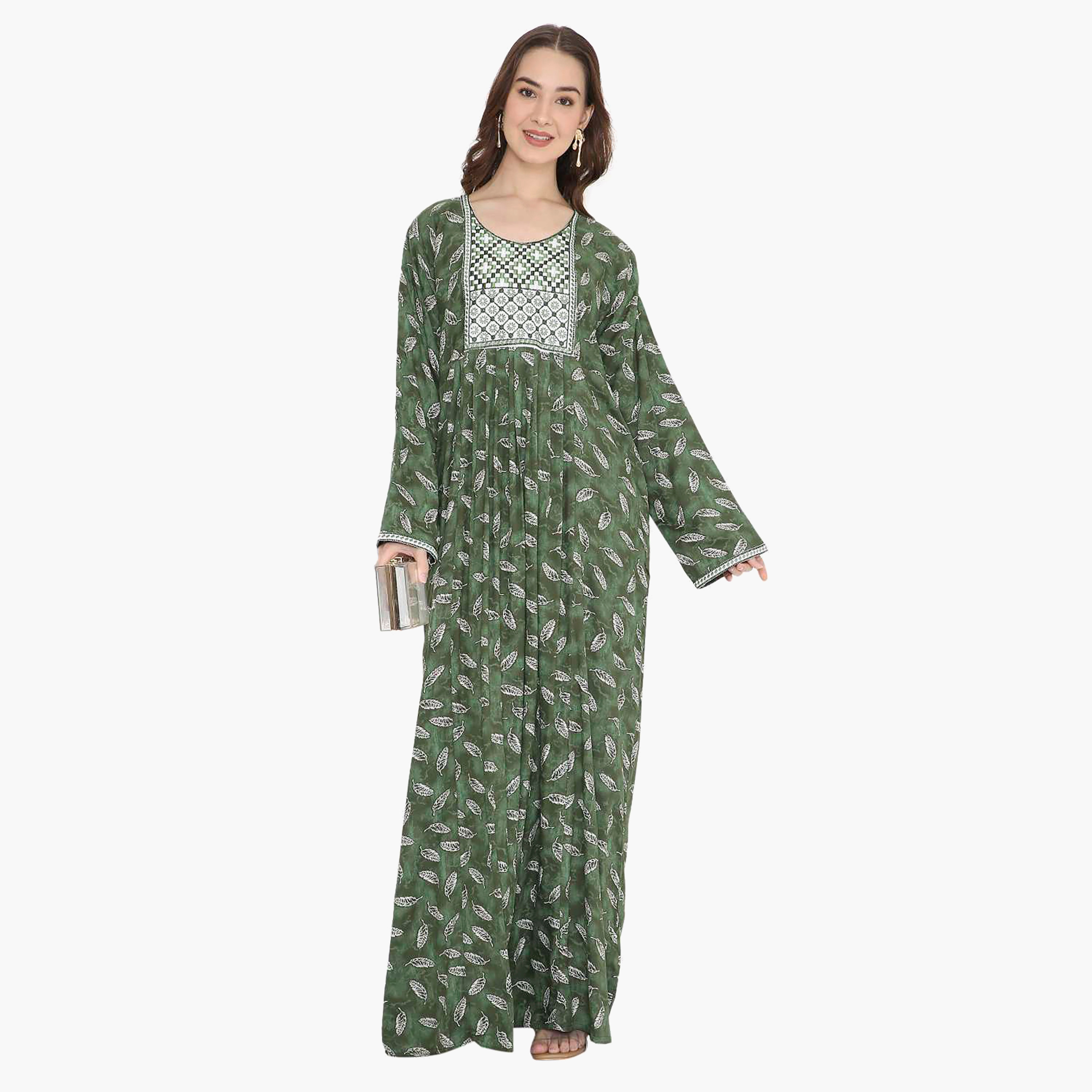 Hana & Sara Leaf Print and Embroidered Yoke Detail Neck Designed Cuff Sleeves Women's Jalabiya-women-arabicclothing-jalabiyas-image-6
