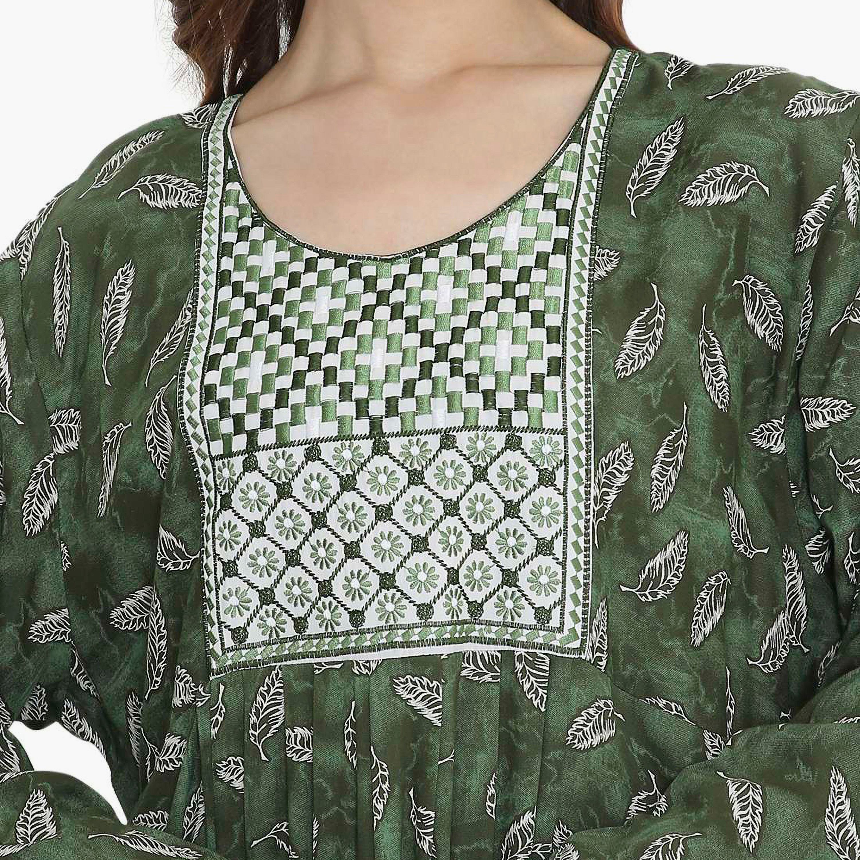Hana & Sara Leaf Print and Embroidered Yoke Detail Neck Designed Cuff Sleeves Women's Jalabiya-women-arabicclothing-jalabiyas-image-7