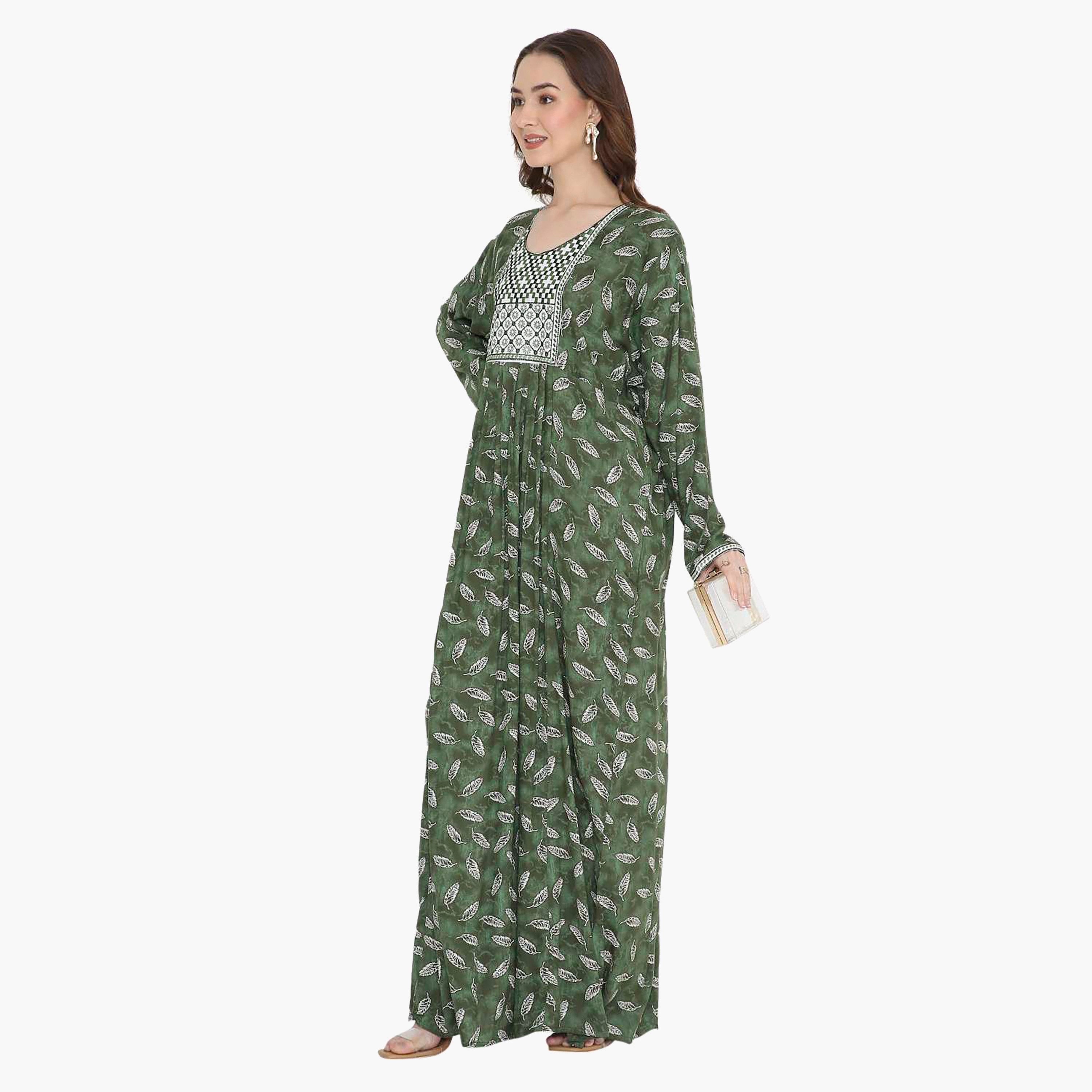 Hana & Sara Leaf Print and Embroidered Yoke Detail Neck Designed Cuff Sleeves Women's Jalabiya-women-arabicclothing-jalabiyas-image-8