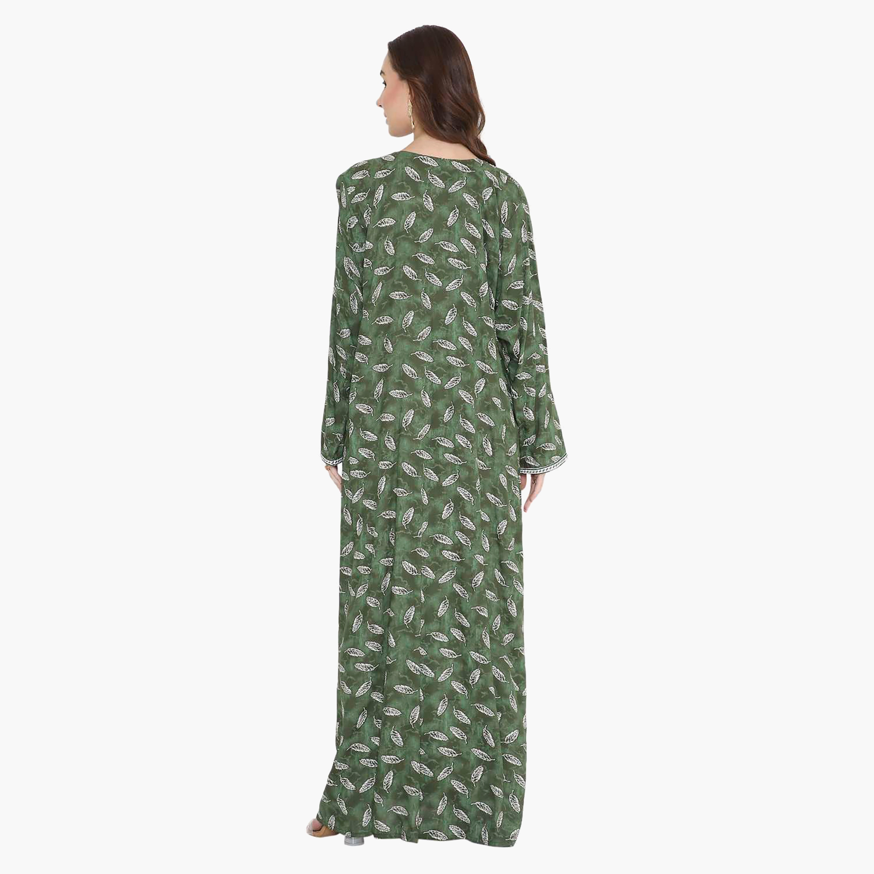 Hana & Sara Leaf Print and Embroidered Yoke Detail Neck Designed Cuff Sleeves Women's Jalabiya-women-arabicclothing-jalabiyas-image-9