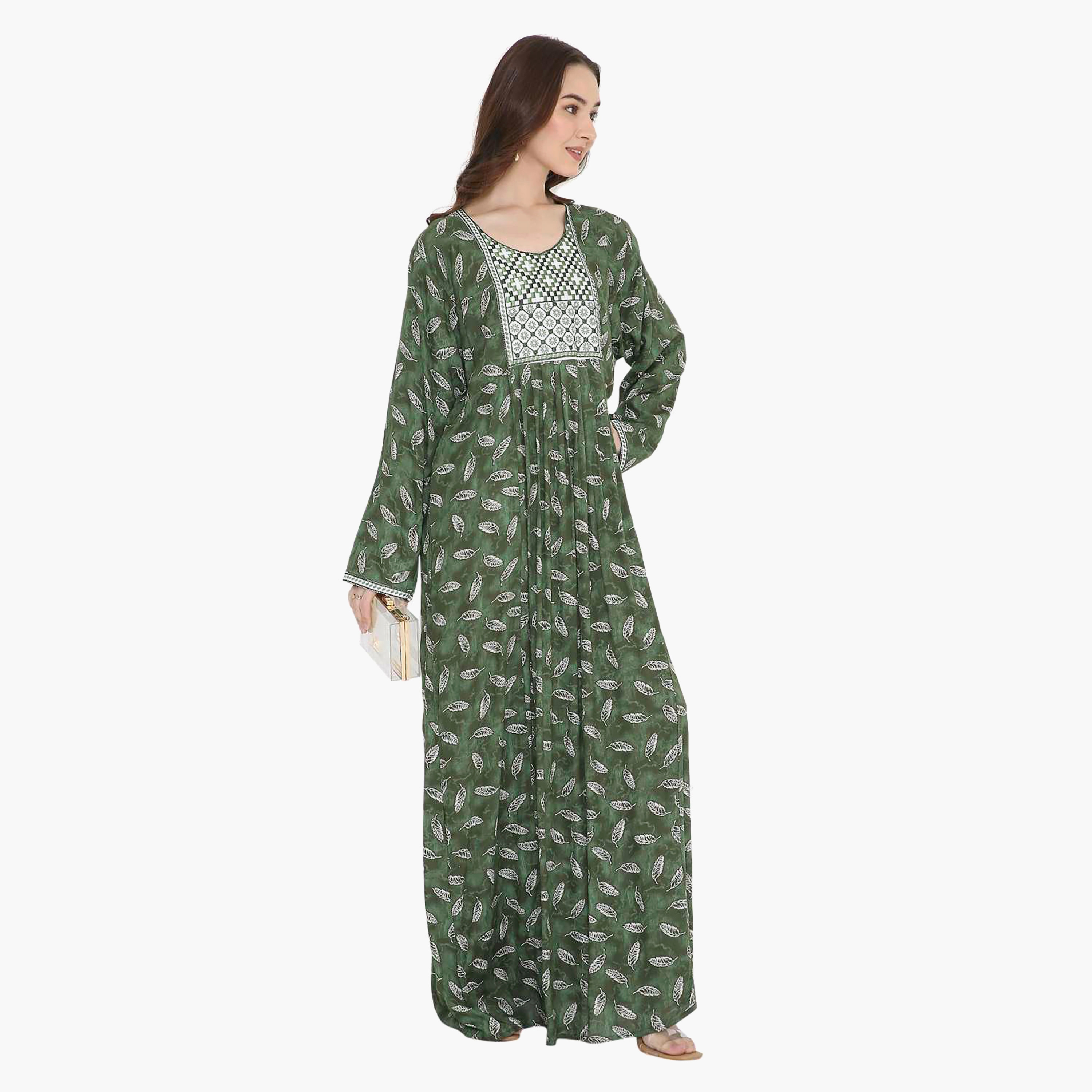 Hana & Sara Leaf Print and Embroidered Yoke Detail Neck Designed Cuff Sleeves Women's Jalabiya-women-arabicclothing-jalabiyas-image-10