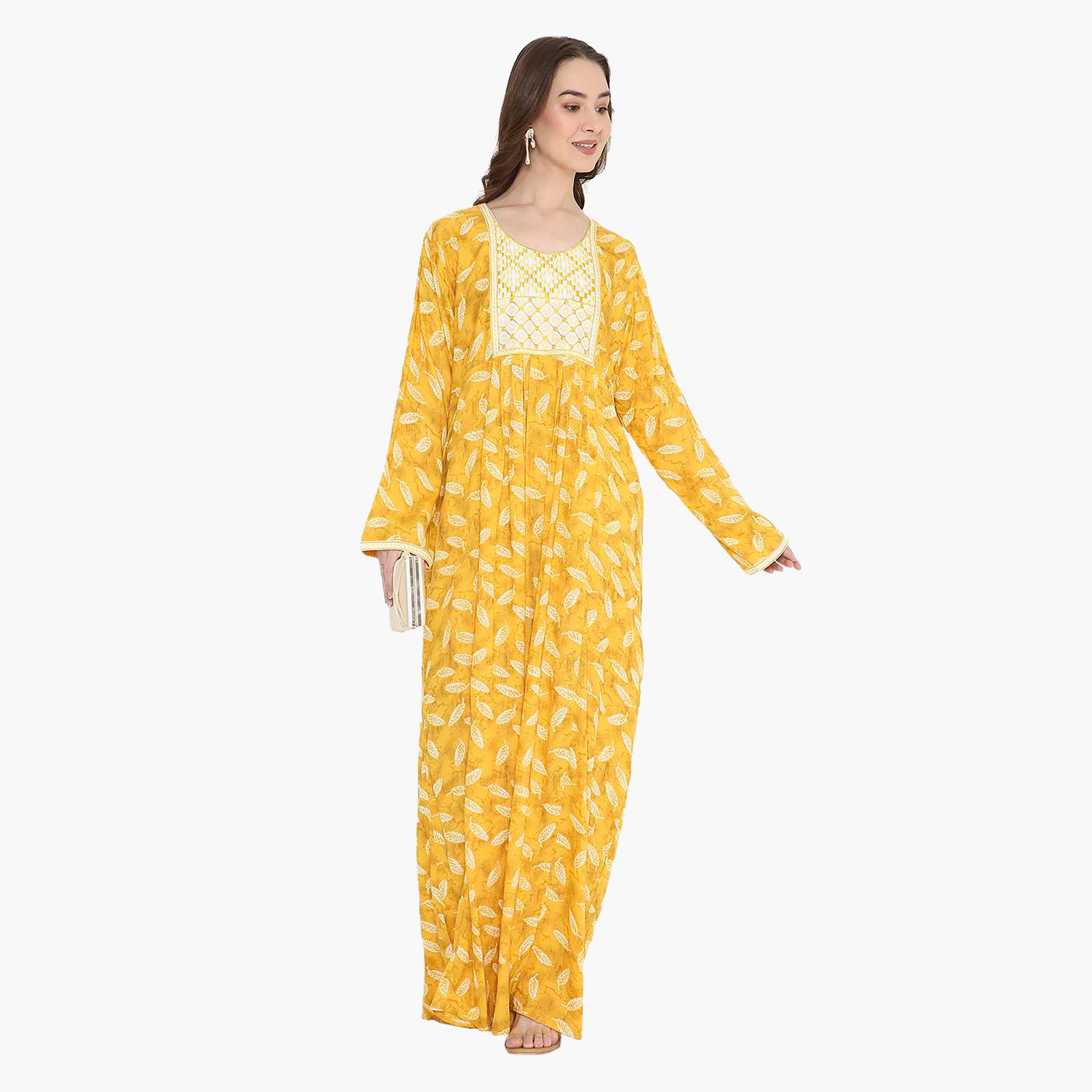 Hana & Sara Leaf Print and Embroidered Yoke Detail Neck Designed Cuff Sleeves Women's Jalabiya-women-arabicclothing-jalabiyas-image-1