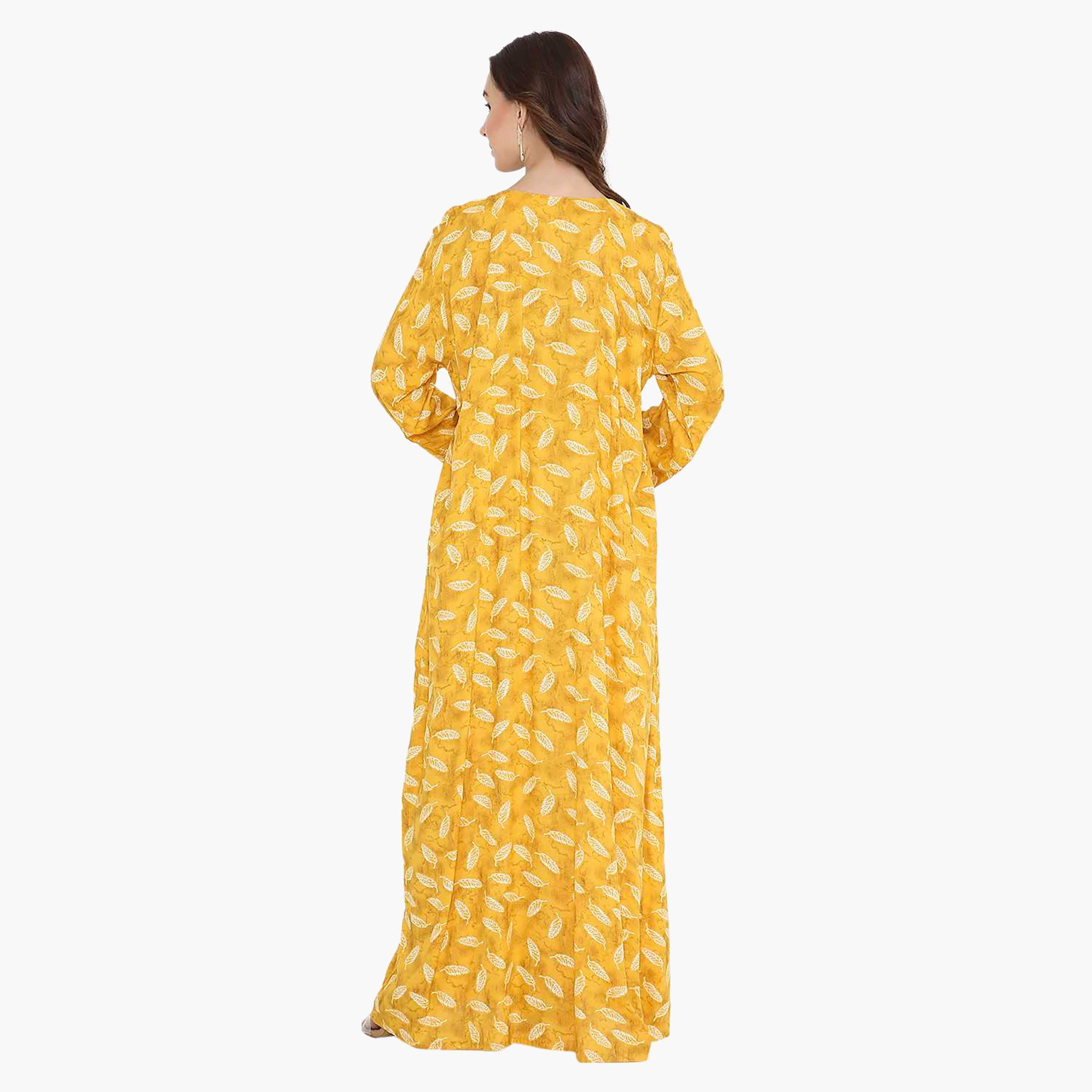 Hana & Sara Leaf Print and Embroidered Yoke Detail Neck Designed Cuff Sleeves Women's Jalabiya-women-arabicclothing-jalabiyas-image-4
