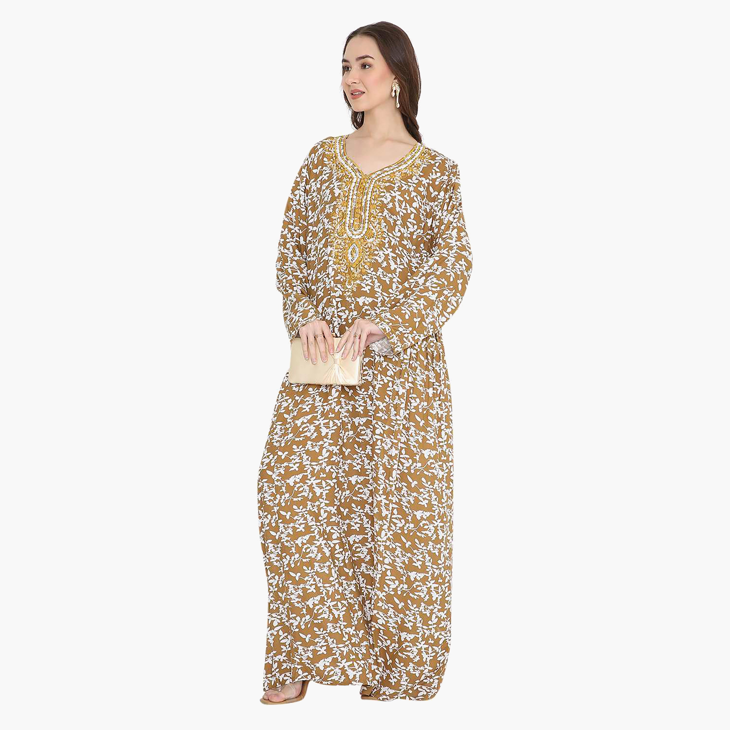 Hana & Sara Brown Leaf Print and Embroidered Yoke Detail Neck Designed Cuff Sleeves Women's Jalabiya-women-arabicclothing-jalabiyas-image-3