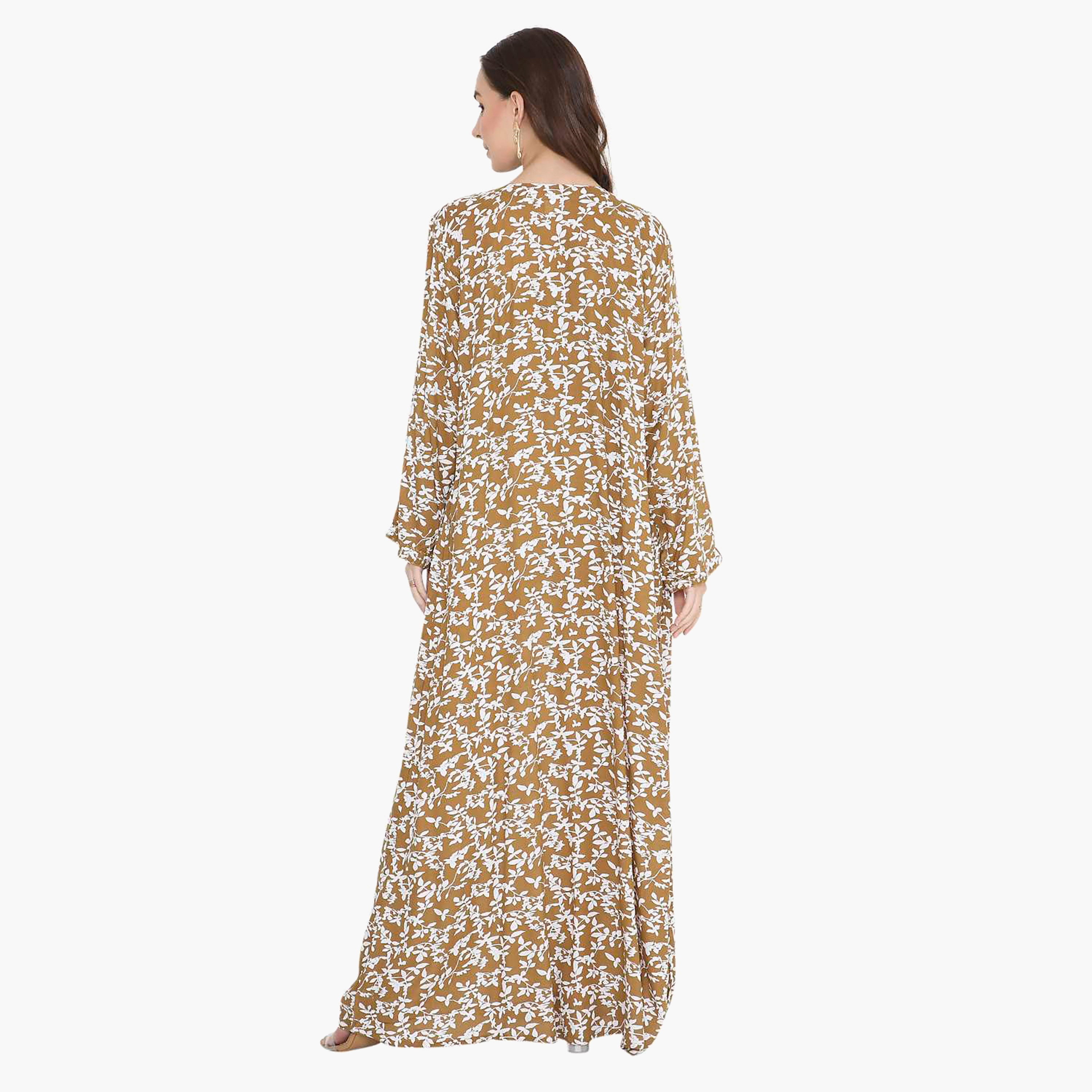 Hana & Sara Brown Leaf Print and Embroidered Yoke Detail Neck Designed Cuff Sleeves Women's Jalabiya-women-arabicclothing-jalabiyas-image-4