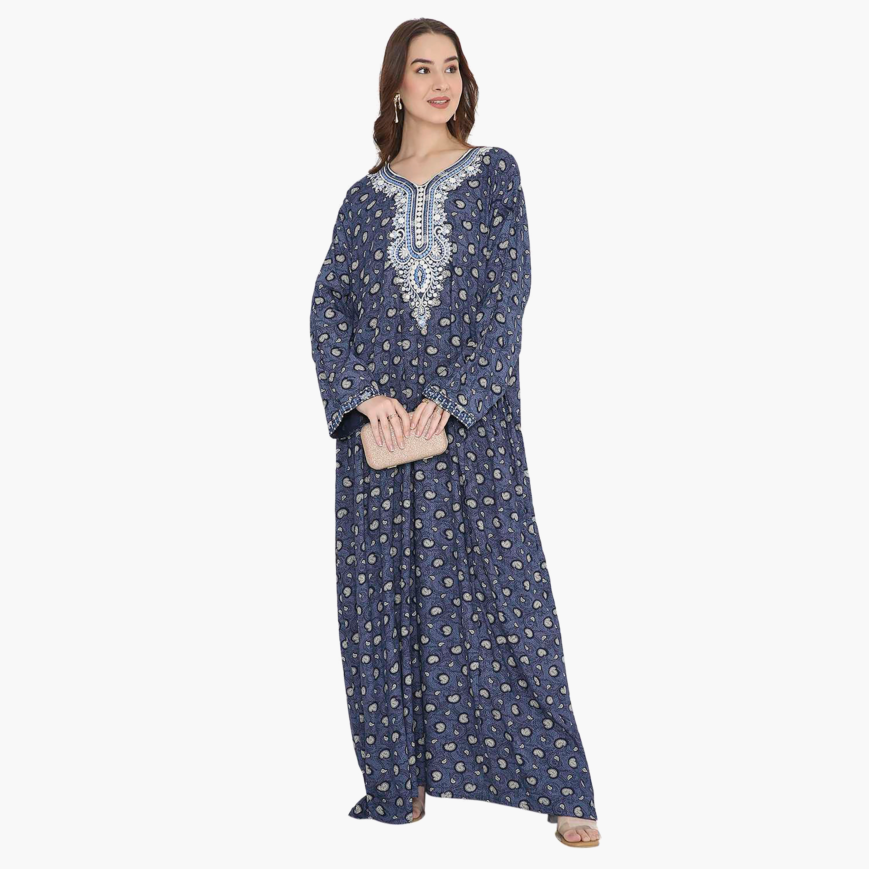 Hana & Sara Blue Paisley Print & Embroidered Yoke Detail Neck Designed Cuff Sleeves Women's Jalabiya-women-arabicclothing-jalabiyas-image-1