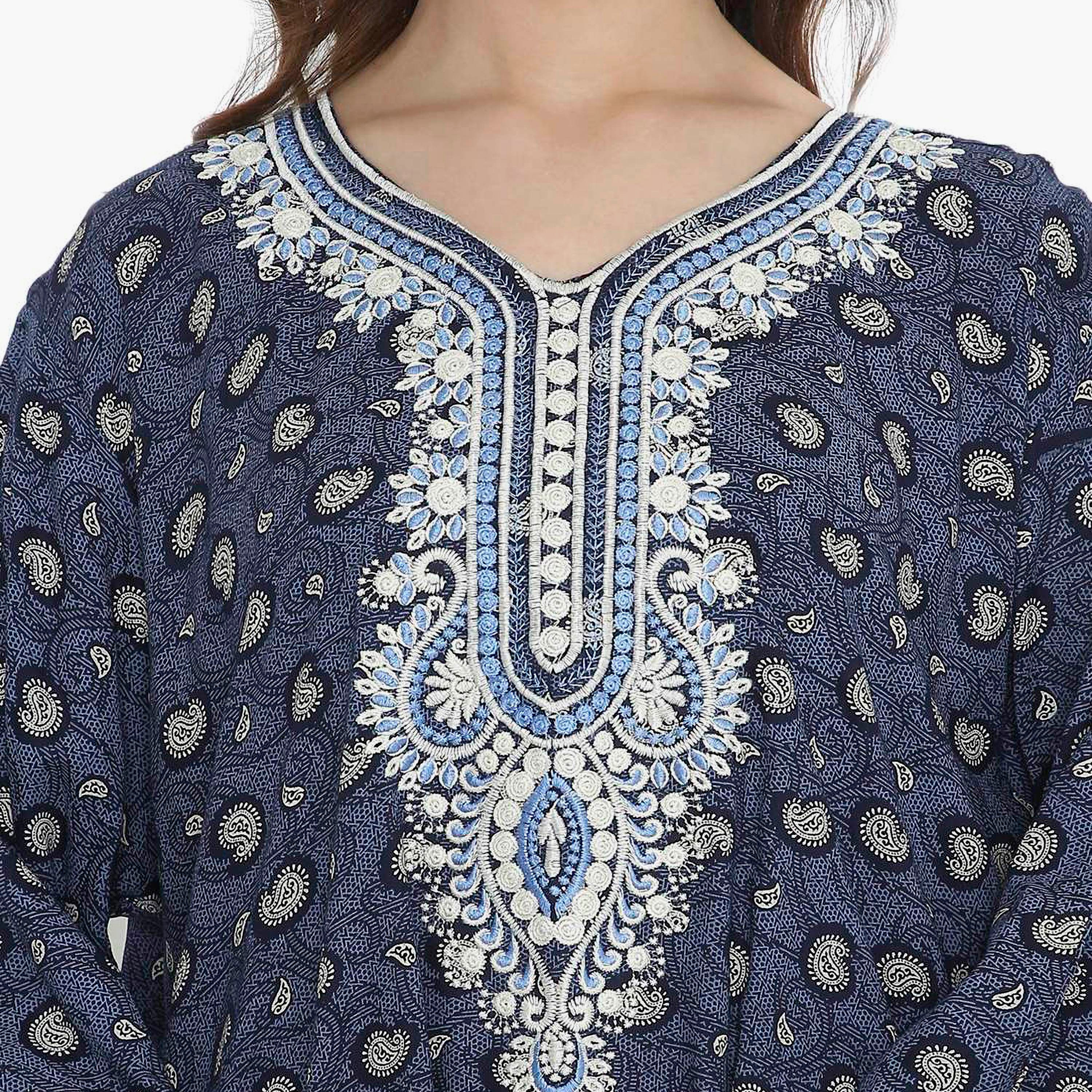 Hana & Sara Blue Paisley Print & Embroidered Yoke Detail Neck Designed Cuff Sleeves Women's Jalabiya-women-arabicclothing-jalabiyas-image-2