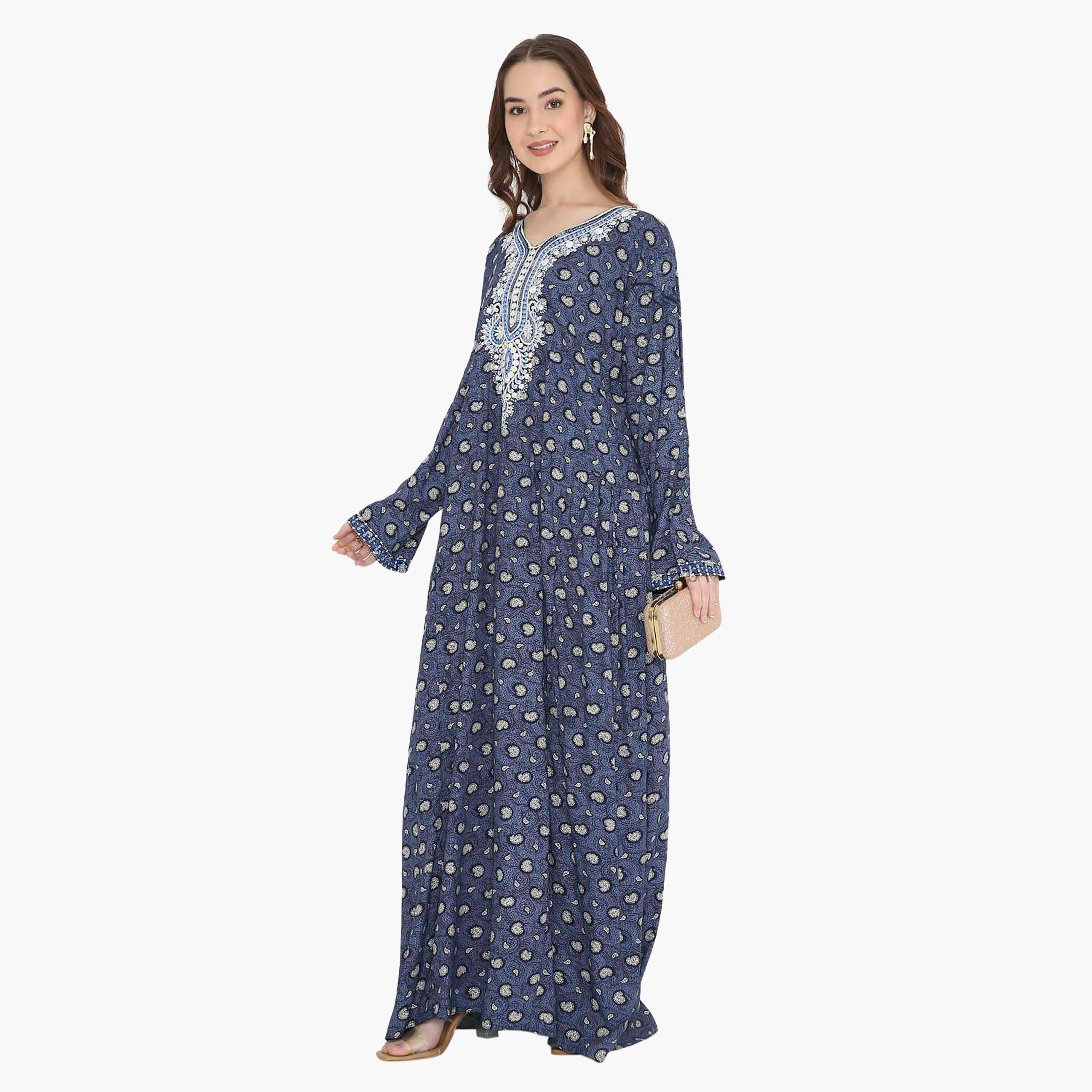 Hana & Sara Blue Paisley Print & Embroidered Yoke Detail Neck Designed Cuff Sleeves Women's Jalabiya-women-arabicclothing-jalabiyas-image-3