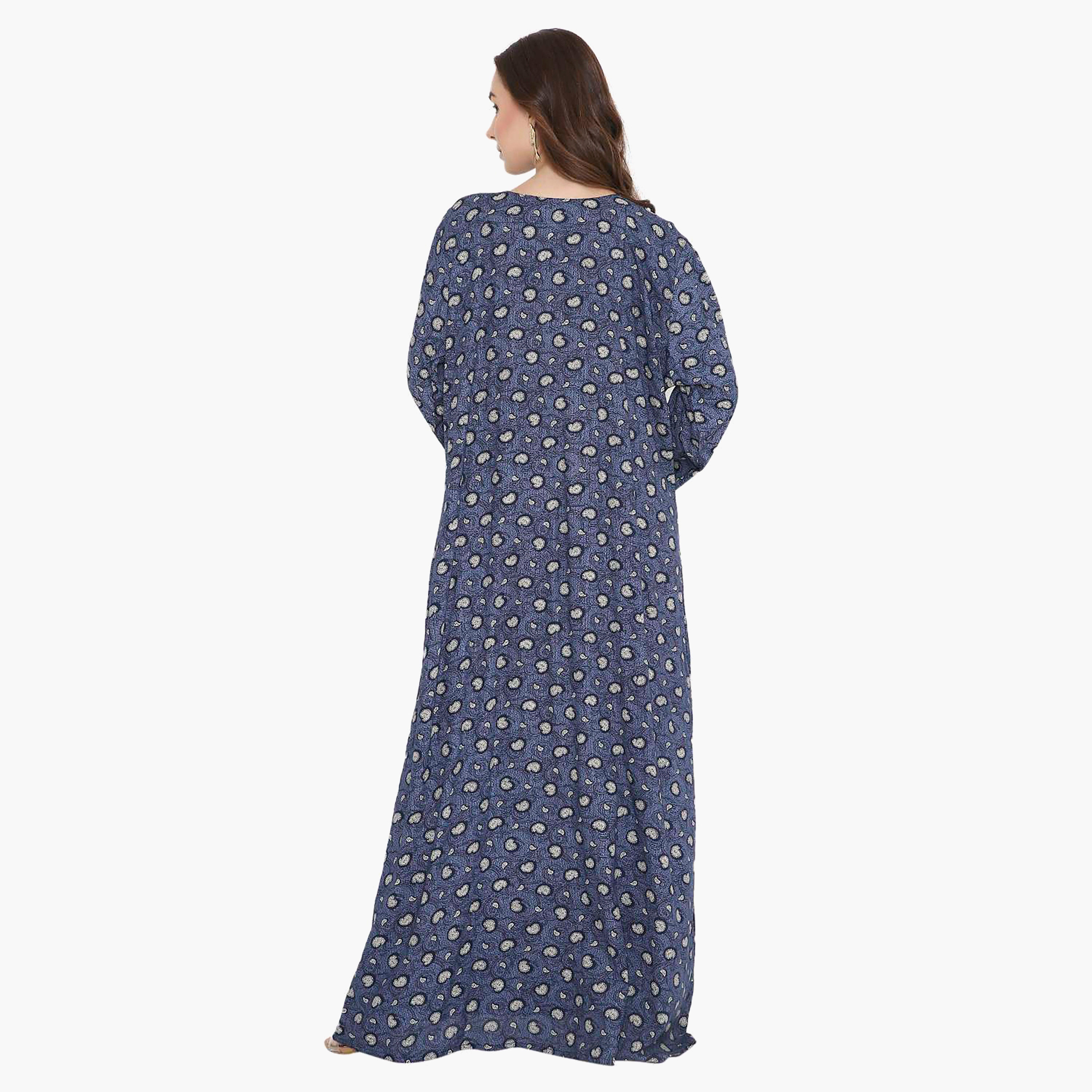 Hana & Sara Blue Paisley Print & Embroidered Yoke Detail Neck Designed Cuff Sleeves Women's Jalabiya-women-arabicclothing-jalabiyas-image-4