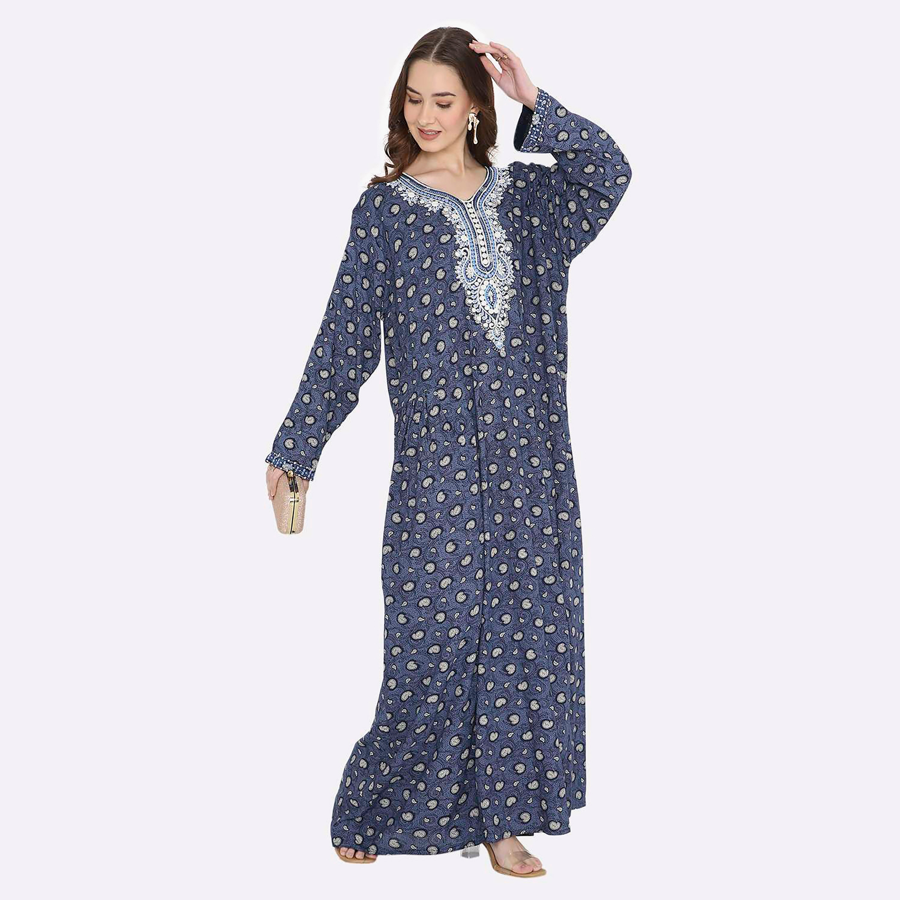 Hana & Sara Blue Paisley Print & Embroidered Yoke Detail Neck Designed Cuff Sleeves Women's Jalabiya-women-arabicclothing-jalabiyas-image-5