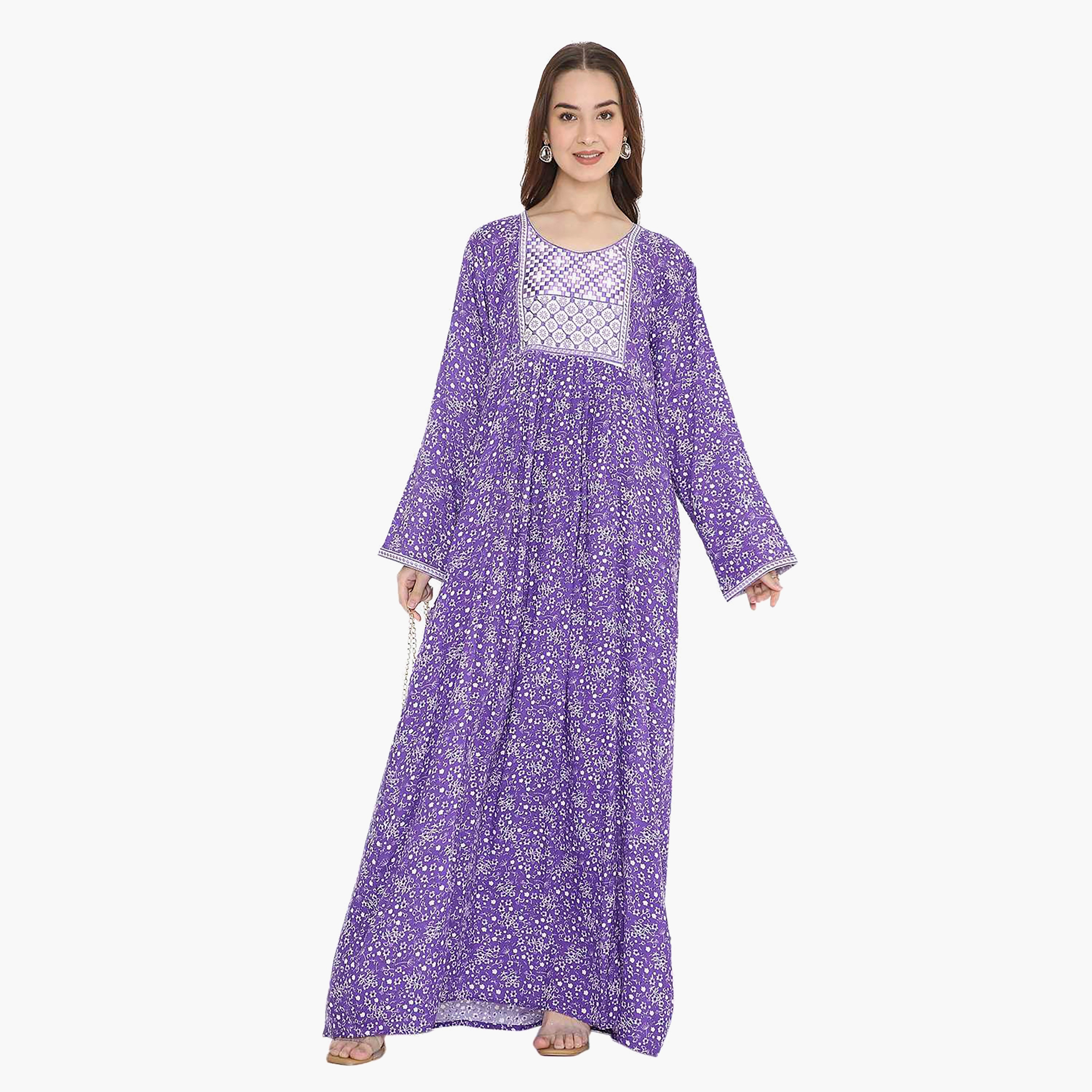 Hana & Sara Purple Floral Print & Embroidery Yoke Detail Neck Designed Cuff Sleeves Women's Jalabiya-women-arabicclothing-jalabiyas-image-1