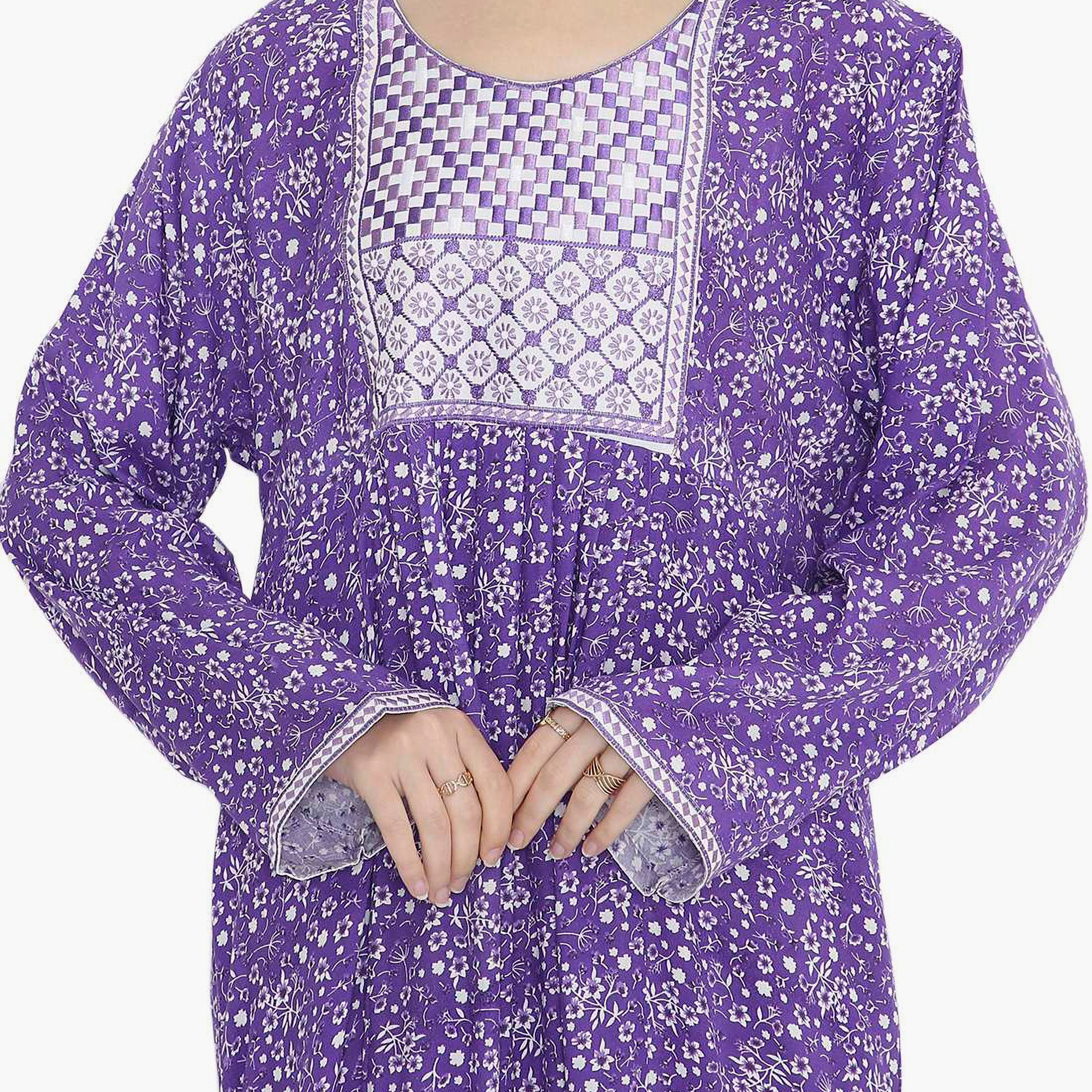 Hana & Sara Purple Floral Print & Embroidery Yoke Detail Neck Designed Cuff Sleeves Women's Jalabiya-women-arabicclothing-jalabiyas-image-2