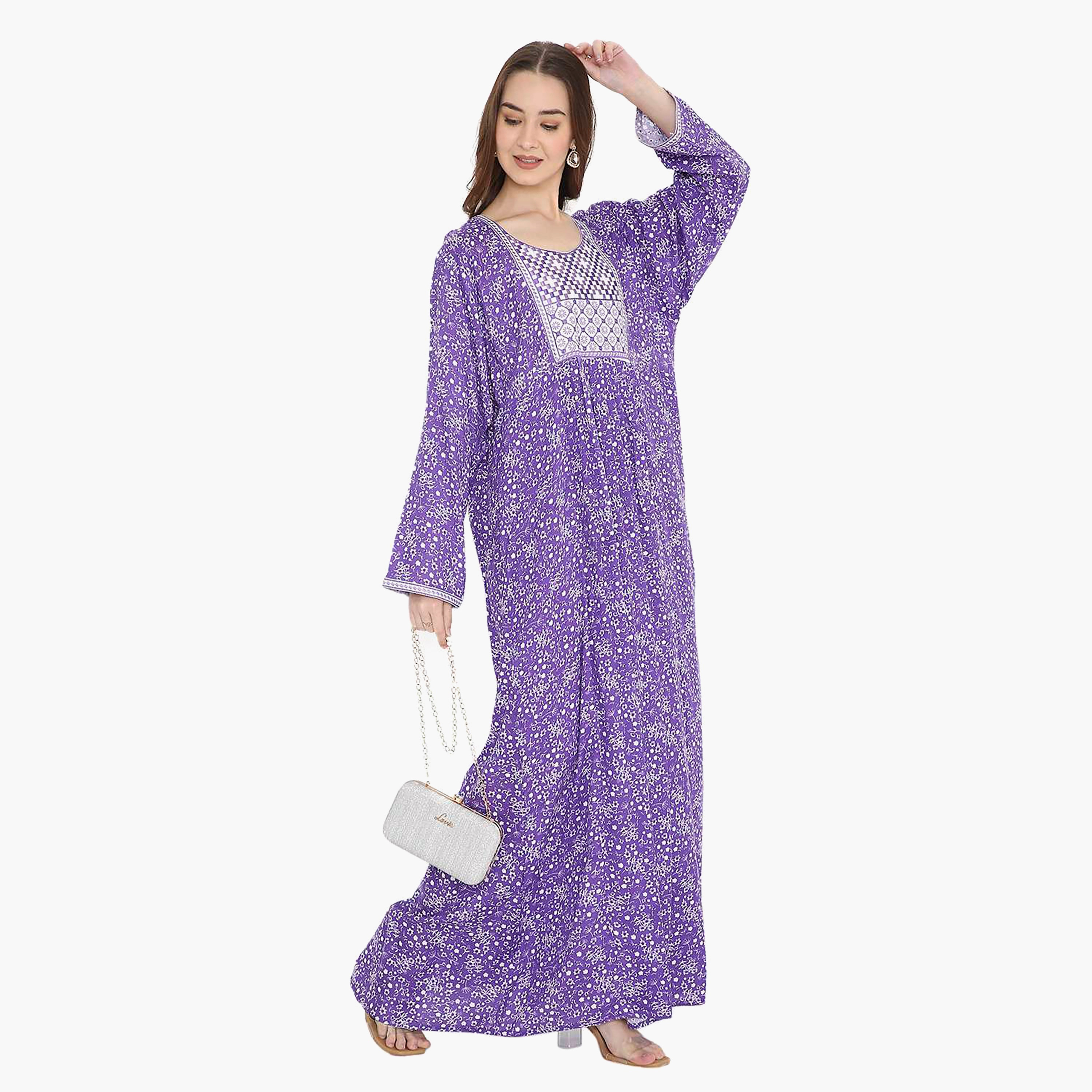 Hana & Sara Purple Floral Print & Embroidery Yoke Detail Neck Designed Cuff Sleeves Women's Jalabiya-women-arabicclothing-jalabiyas-image-5