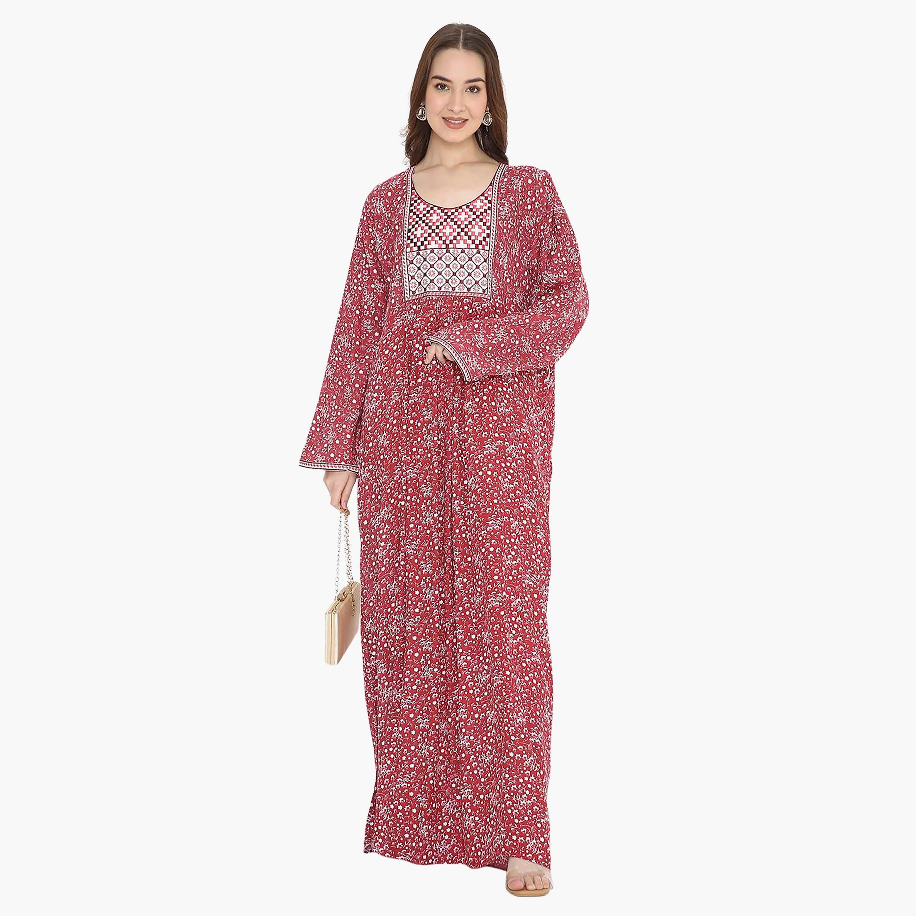 Hana & Sara Red Floral Print and Embroidered Yoke Detail Neck Designed Cuff Sleeves Women's Jalabiya-women-arabicclothing-jalabiyas-image-1
