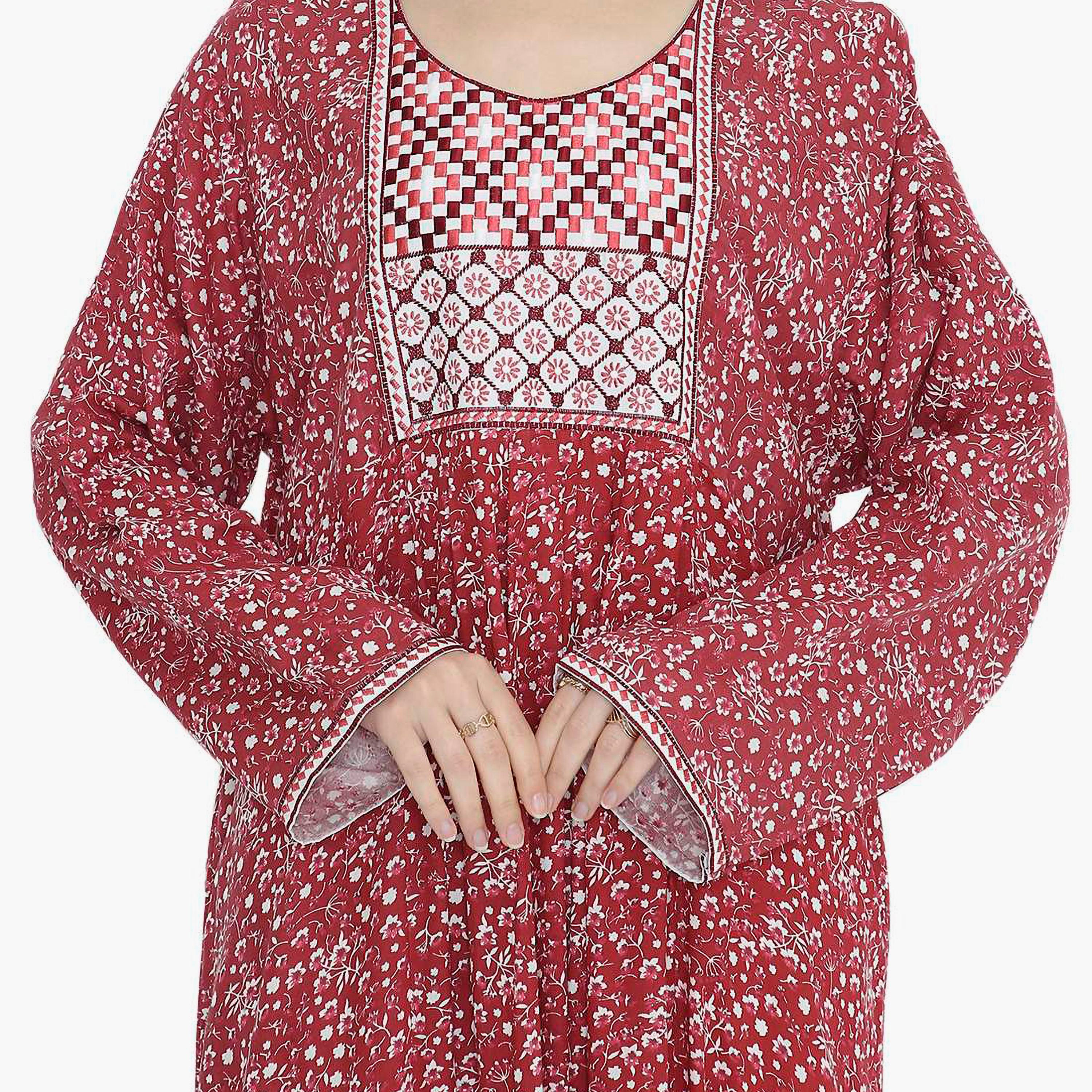 Hana & Sara Red Floral Print and Embroidered Yoke Detail Neck Designed Cuff Sleeves Women's Jalabiya-women-arabicclothing-jalabiyas-image-2