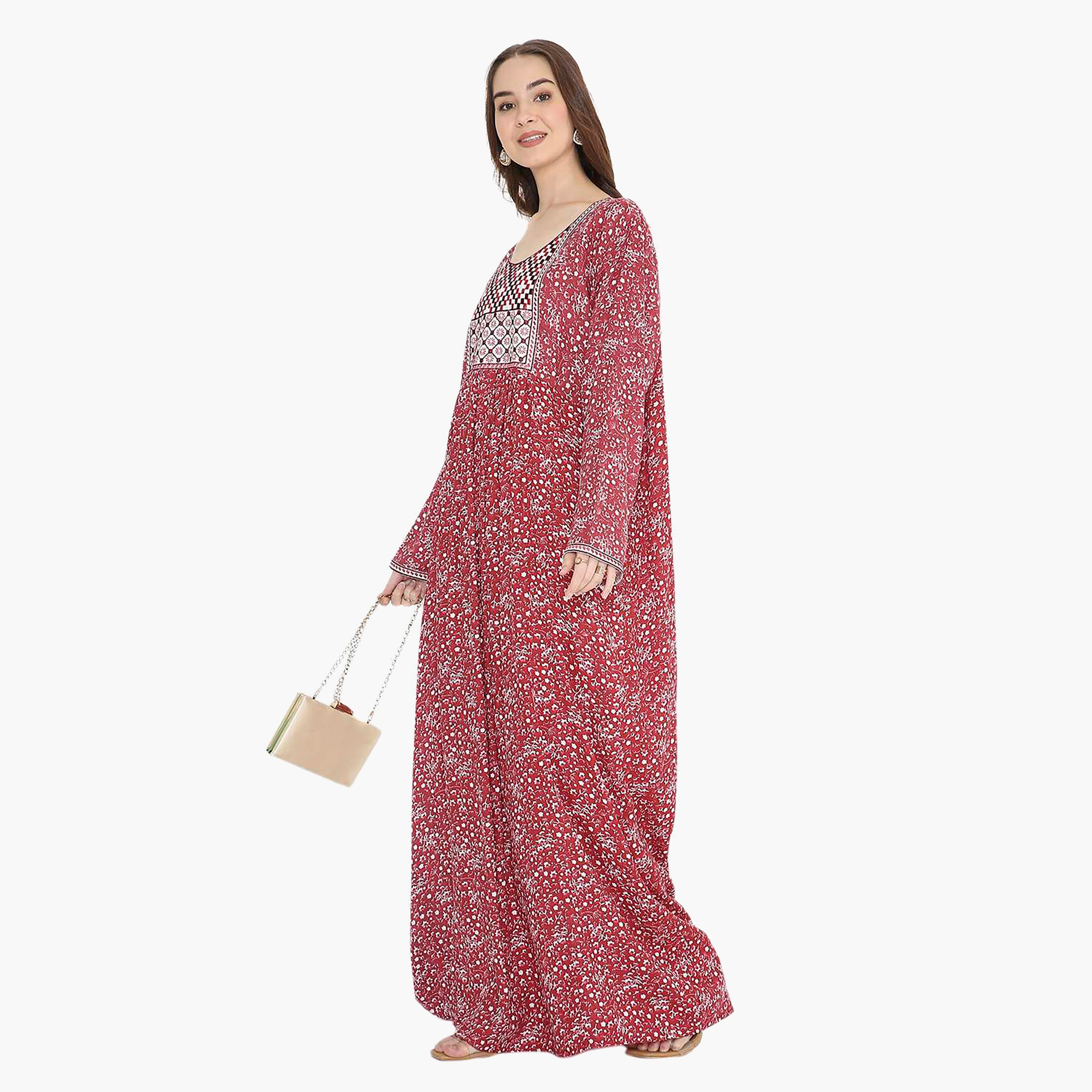 Hana & Sara Red Floral Print and Embroidered Yoke Detail Neck Designed Cuff Sleeves Women's Jalabiya-women-arabicclothing-jalabiyas-image-3