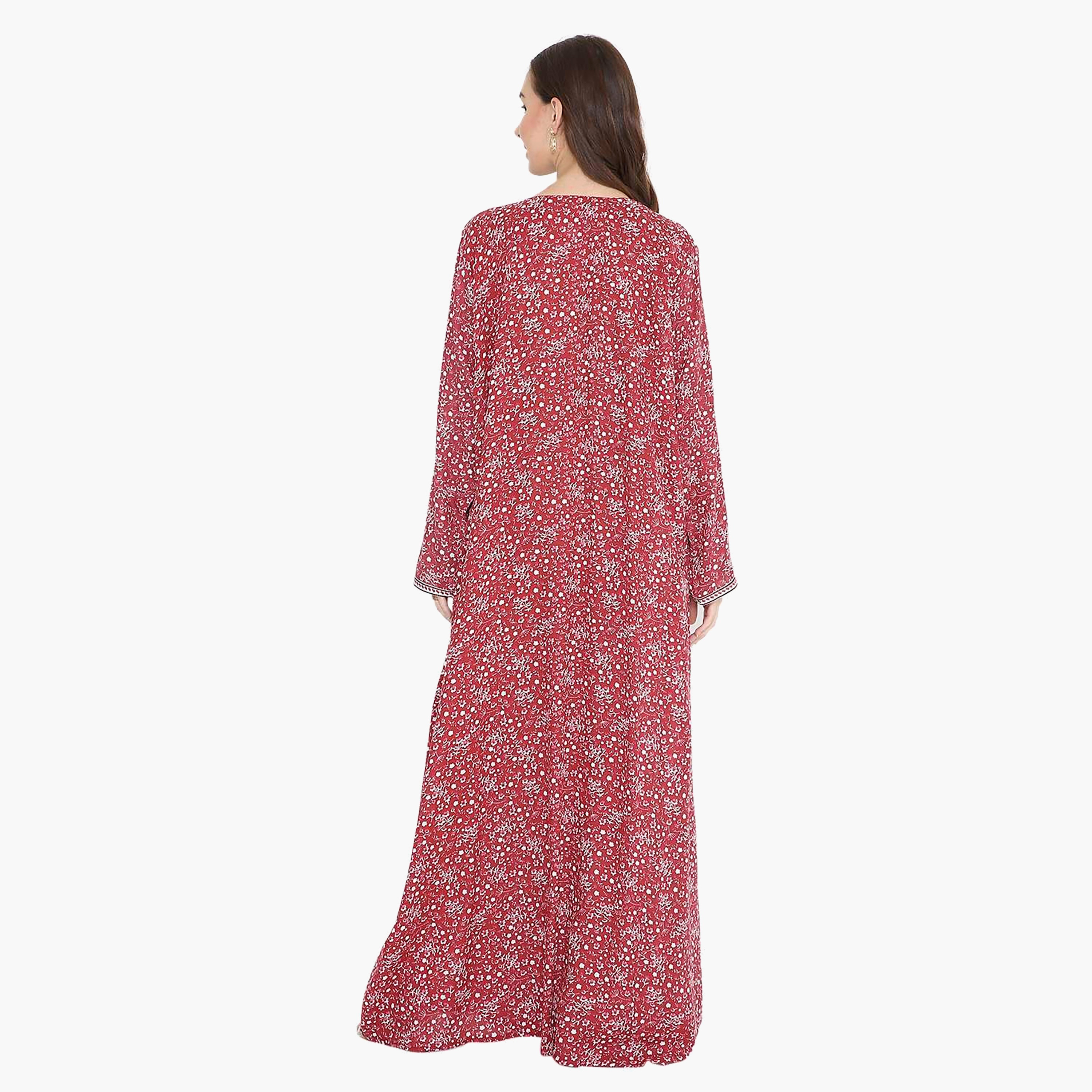 Hana & Sara Red Floral Print and Embroidered Yoke Detail Neck Designed Cuff Sleeves Women's Jalabiya-women-arabicclothing-jalabiyas-image-4