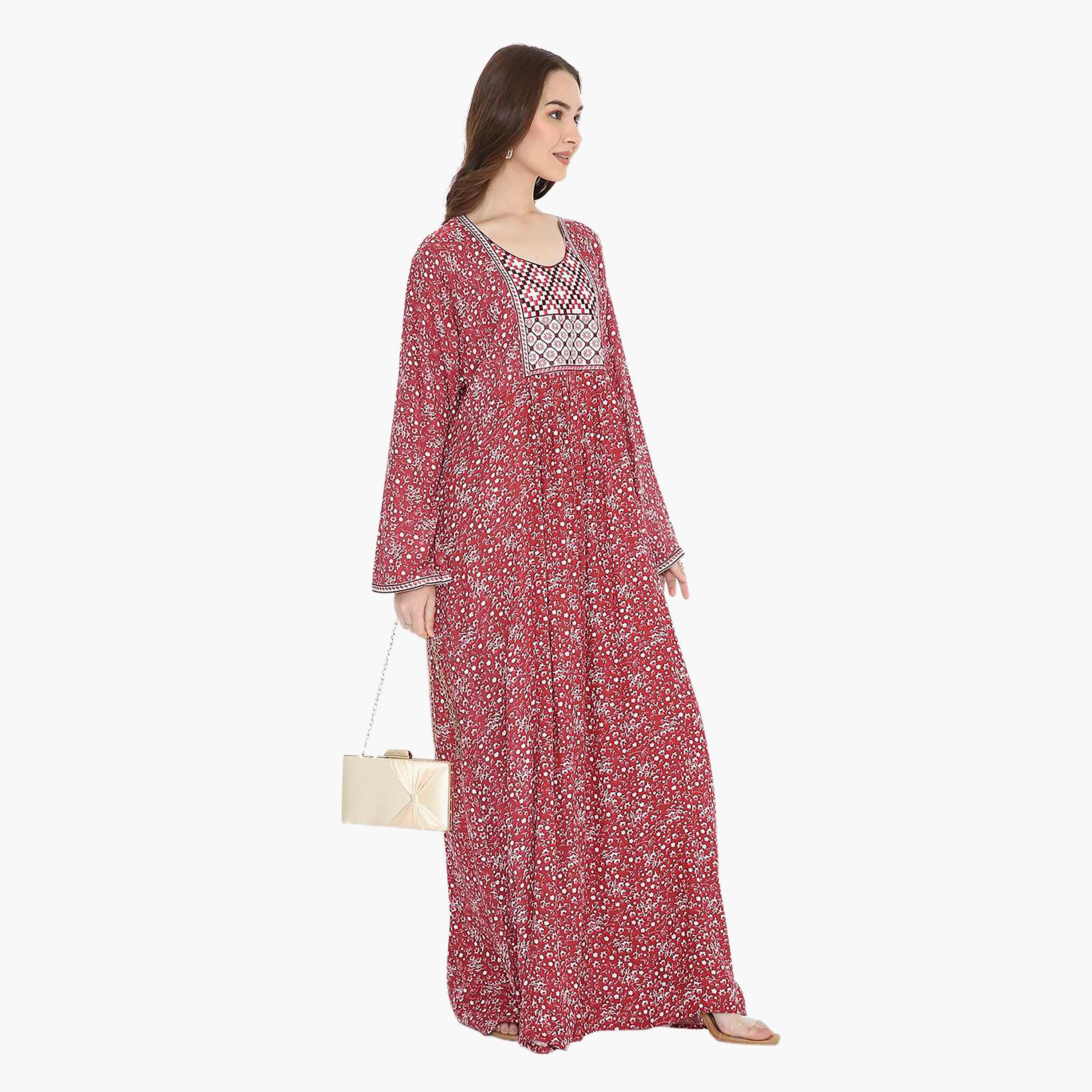 Hana & Sara Red Floral Print and Embroidered Yoke Detail Neck Designed Cuff Sleeves Women's Jalabiya-women-arabicclothing-jalabiyas-image-5