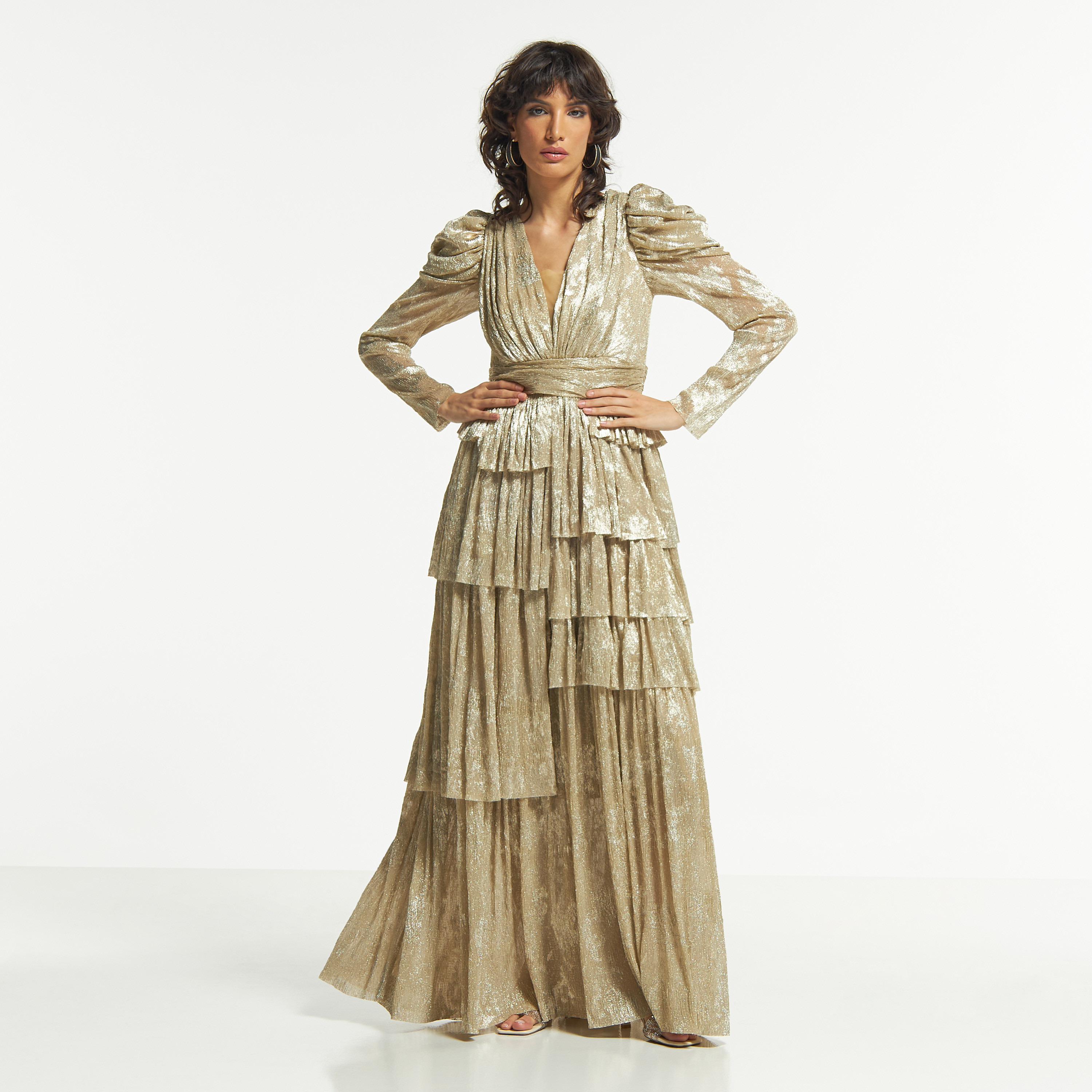 Amri Shimmery Layered Maxi Dress with Long Puff Sleeves-women-clothing-dresses-image-1