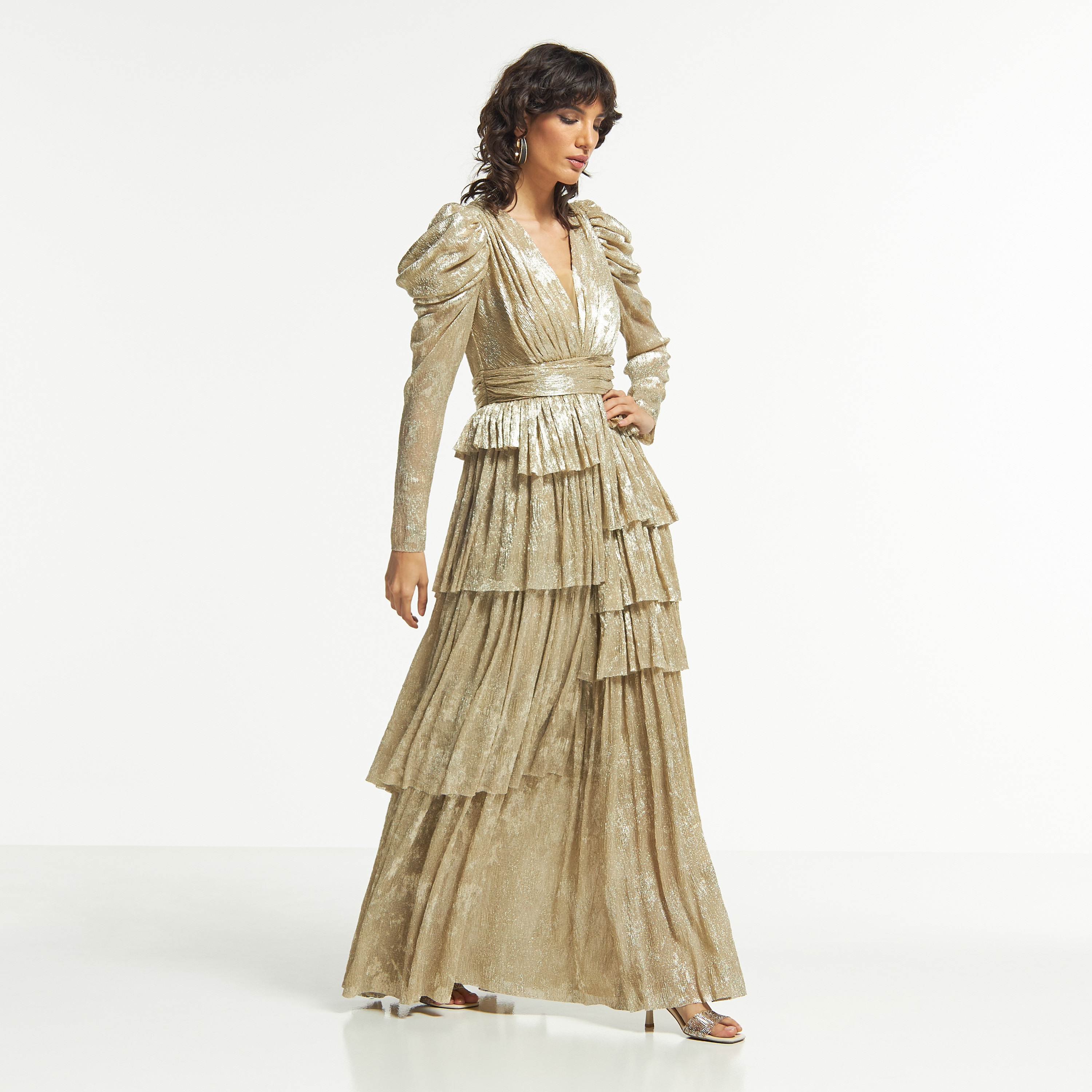 Amri Shimmery Layered Maxi Dress with Long Puff Sleeves-women-clothing-dresses-image-4