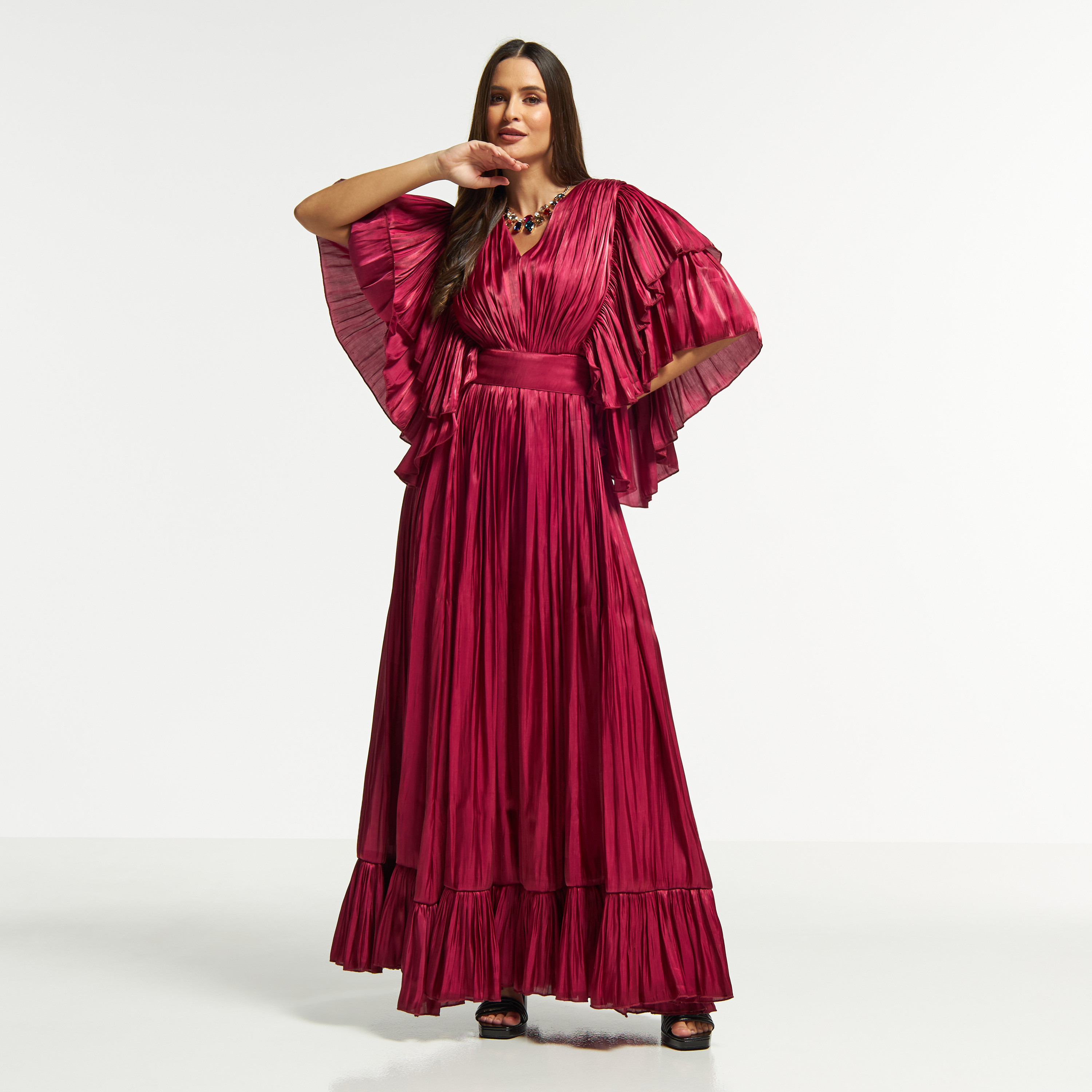 Amri Pleated Maxi Dress with Ruffle Detailed Sleeves and Zip Closure-women-clothing-dresses-image-1