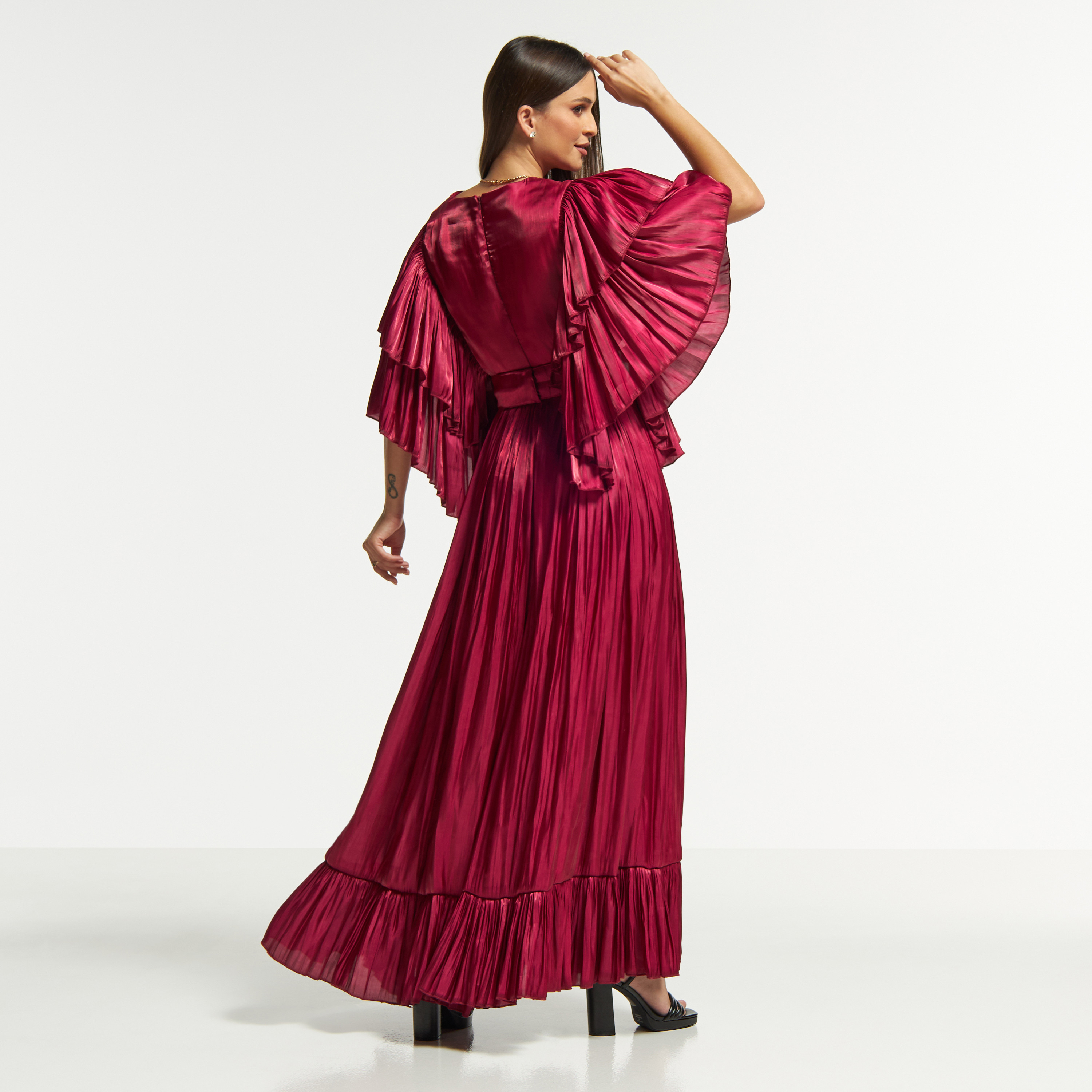 Amri Pleated Maxi Dress with Ruffle Detailed Sleeves and Zip Closure-women-clothing-dresses-image-2