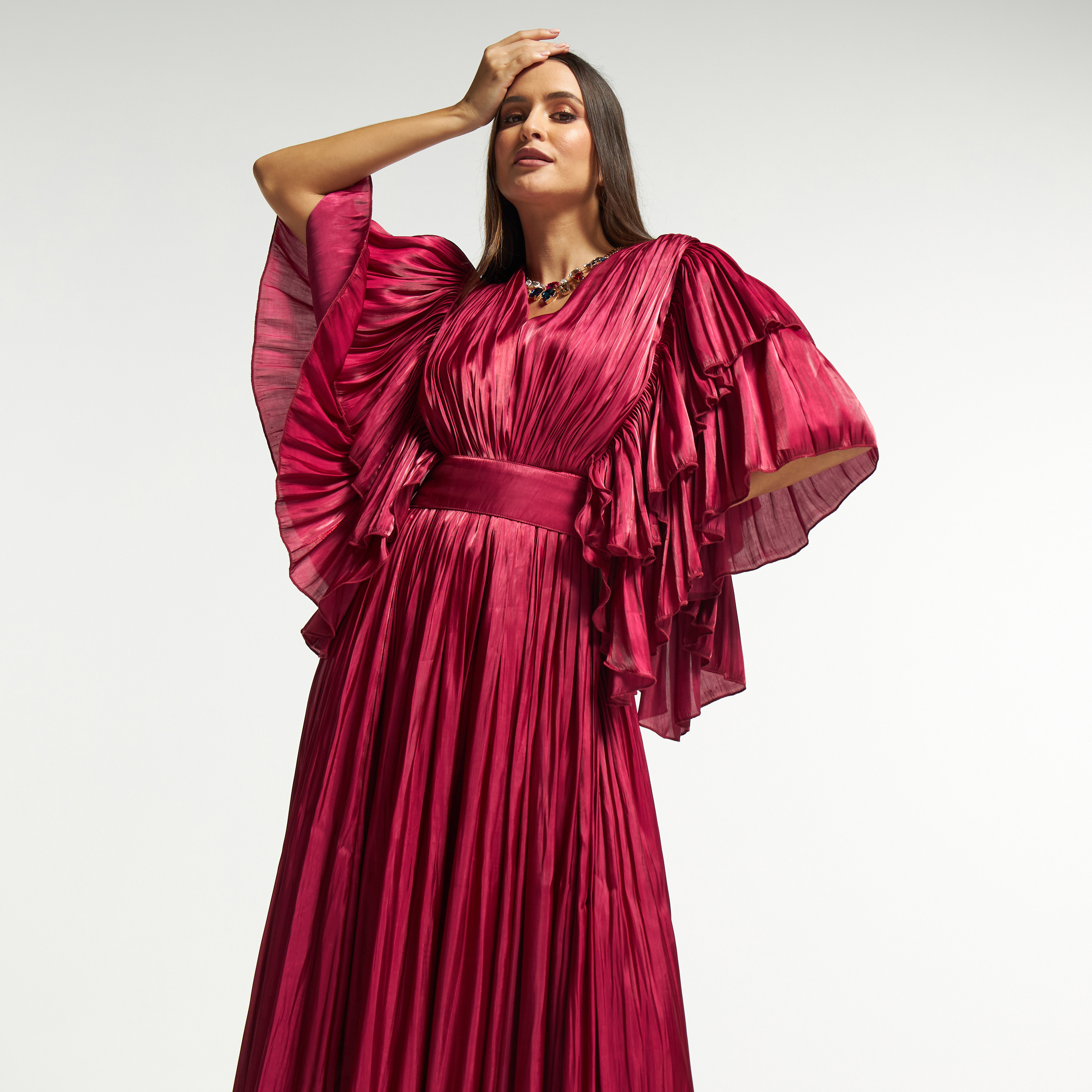 Amri Pleated Maxi Dress with Ruffle Detailed Sleeves and Zip Closure-women-clothing-dresses-image-3