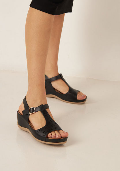 Le Confort Cutwork Detail T-Strap Sandals with Wedge Heels and Buckle Closure