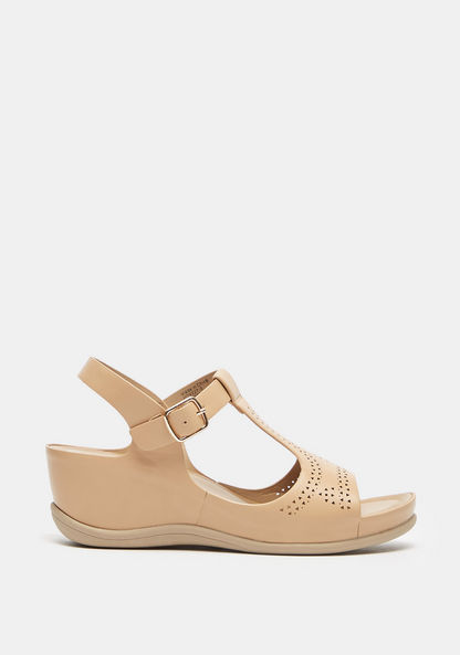 Le Confort Cutwork Detail T-Strap Sandals with Wedge Heels and Buckle Closure