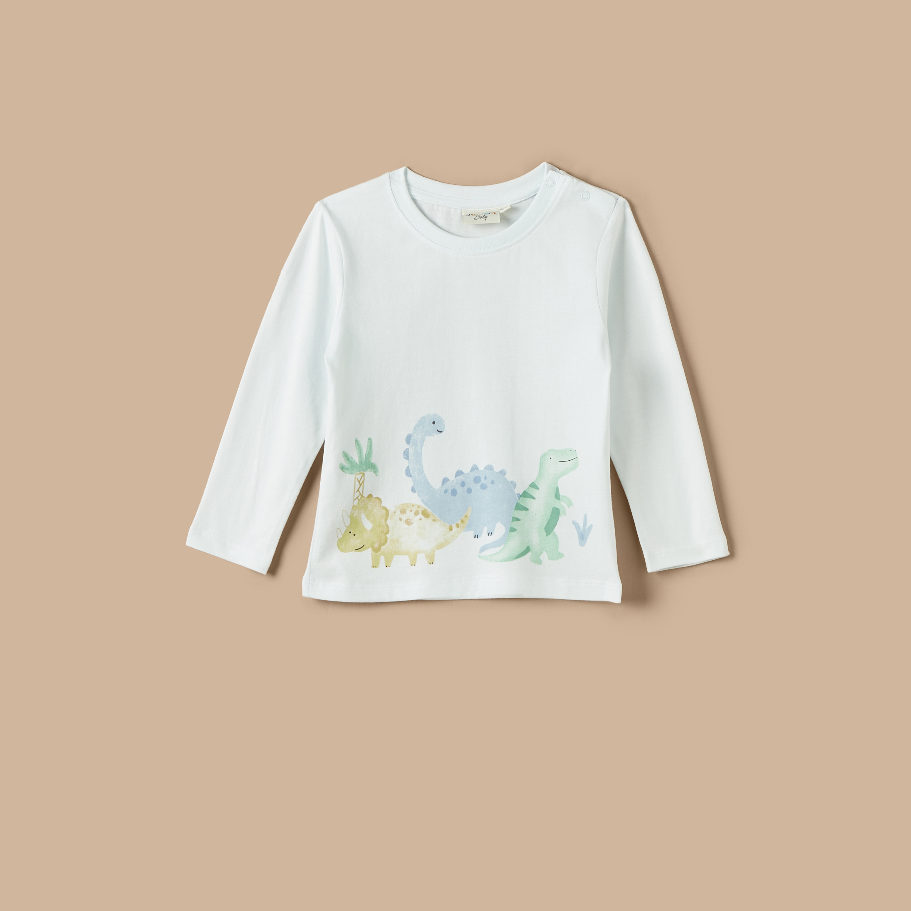 Juniors Dino Print Crew Neck T-shirt with Long Sleeves-baby-boys-clothing-tshirtsandpolos-image-1