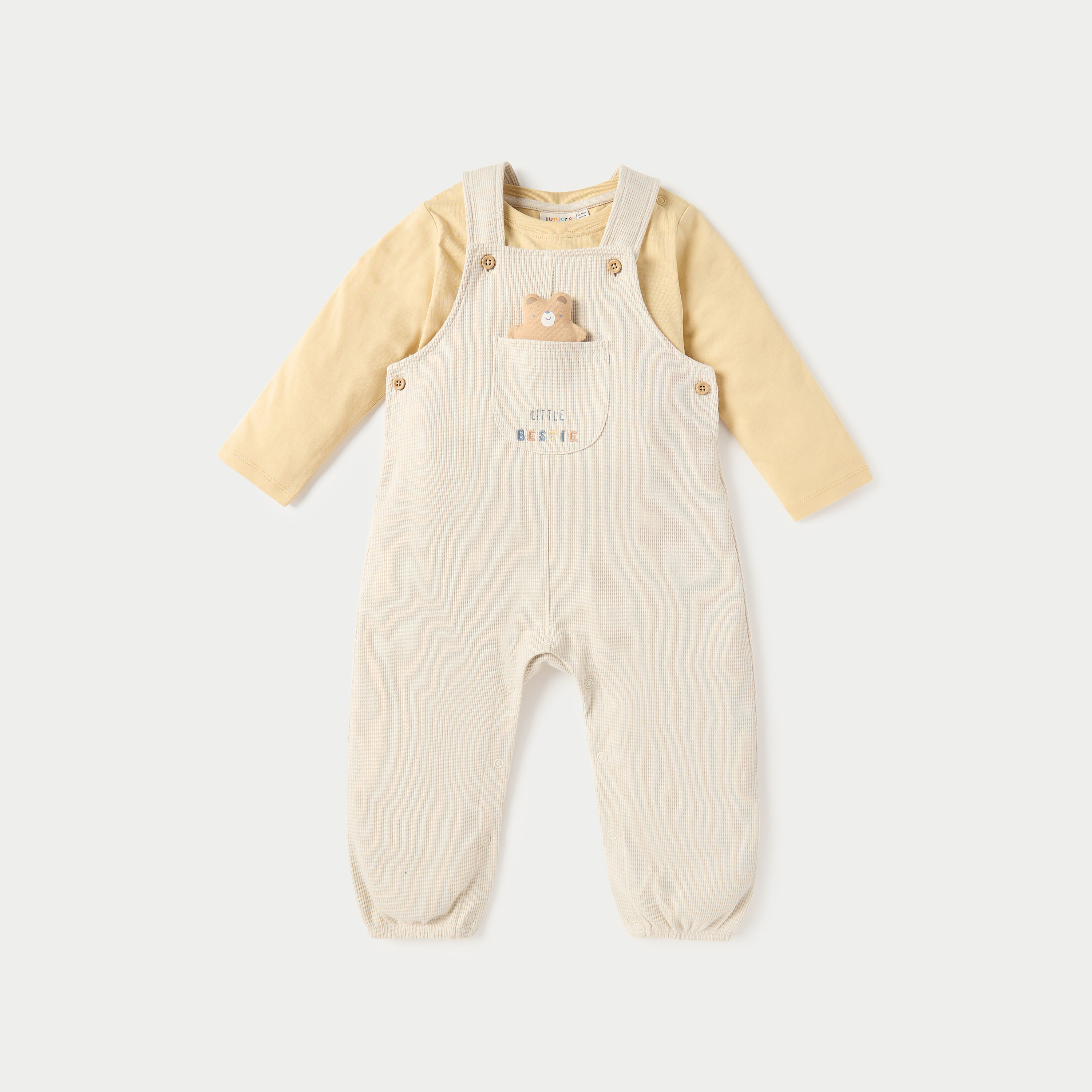 طقم دنغري وافل بارز الملمس وتيشيرت سادة من جونيورز-baby-boys-clothing-setsandcoords-image-1