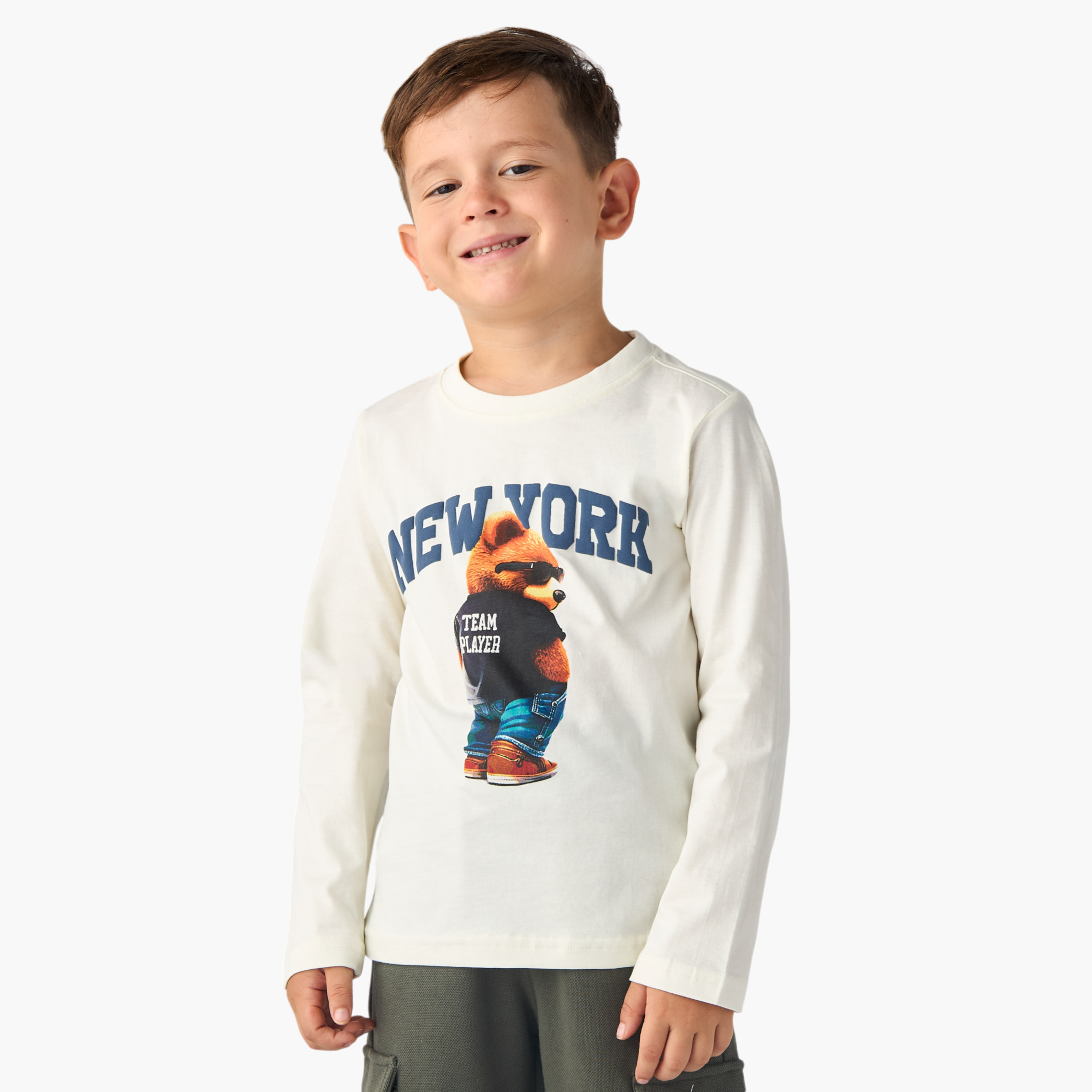 Juniors Graphic Print Crew Neck T-shirt with Long Sleeves-boys-clothing-tshirtsandpolos-image-1