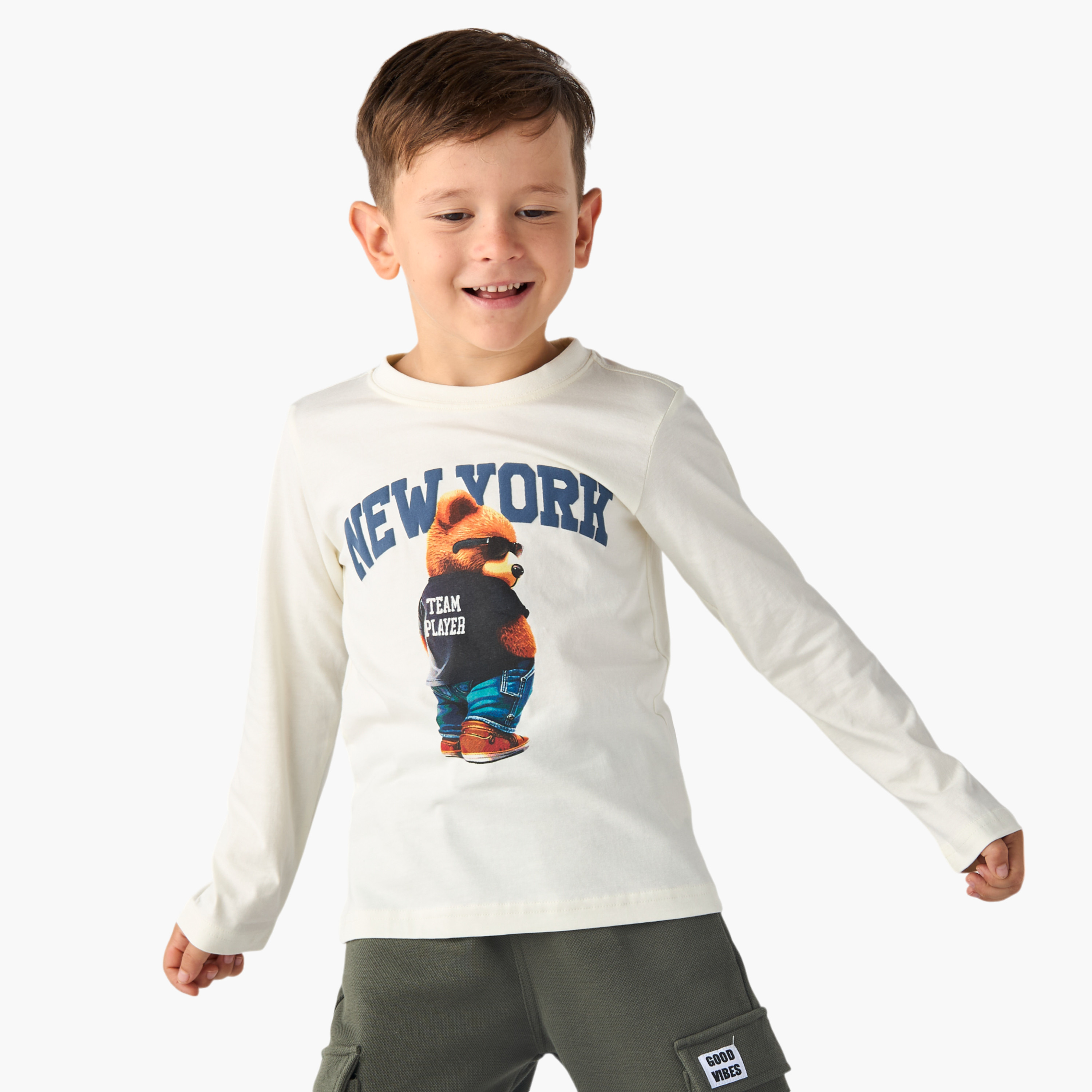 Juniors Graphic Print Crew Neck T-shirt with Long Sleeves-boys-clothing-tshirtsandpolos-image-5