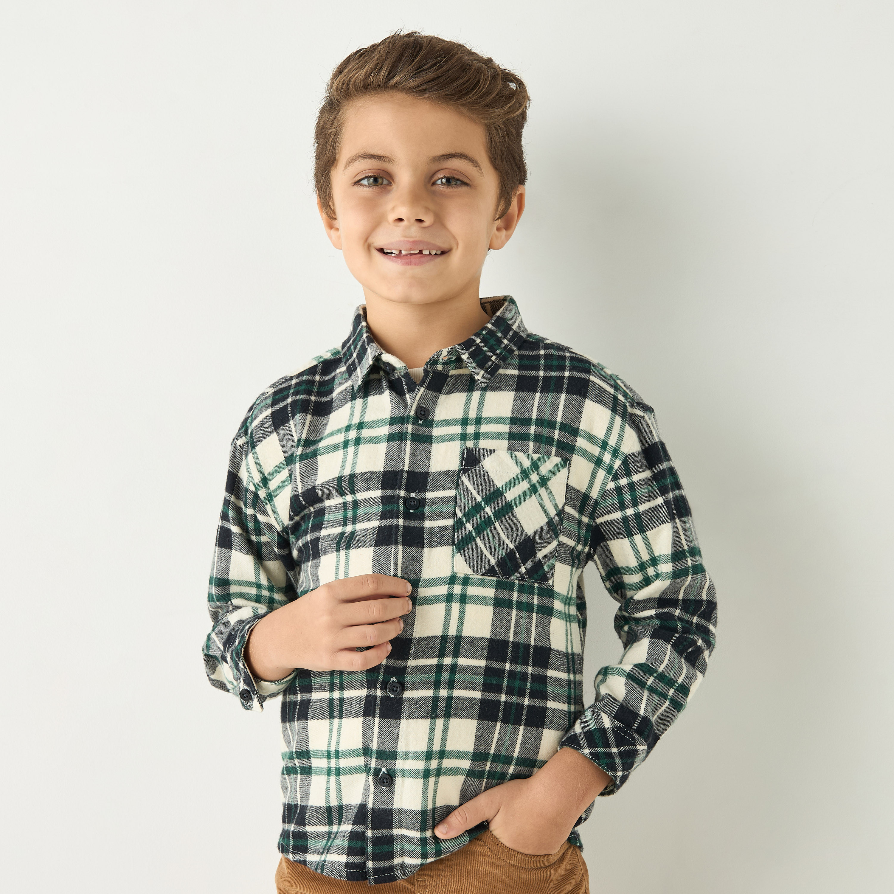 قميص مربّعات بأكمام طويلة وجيب أمامي من جونيورز-boys-clothing-shirts-image-1